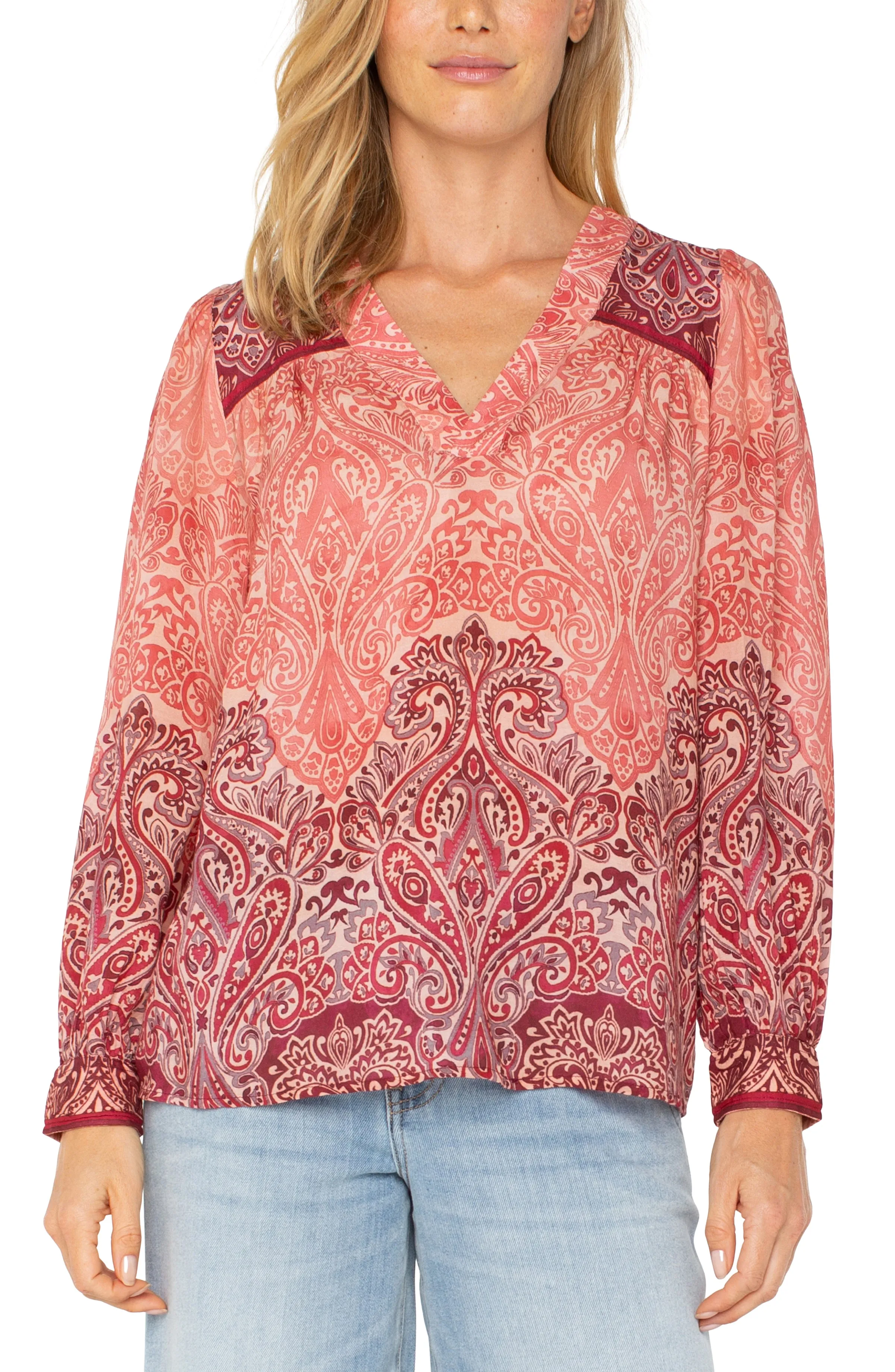 V-NECK POPOVER WOVEN BLOUSE sold by Liverpool Jeans Company
