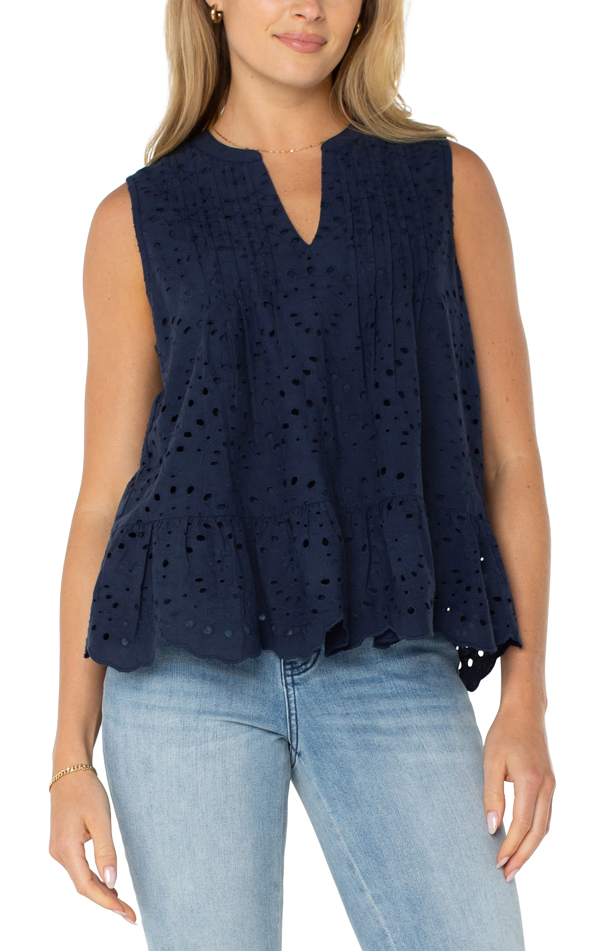SLEEVELESS PINTUCK WOVEN TOP sold by Liverpool Jeans Company