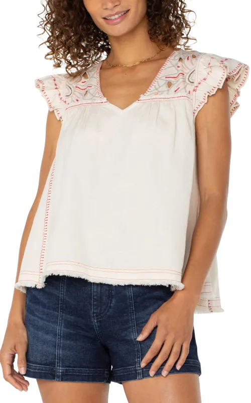 FLUTTER SLEEVE V-NECK BLOUSE sold by Liverpool Jeans Company