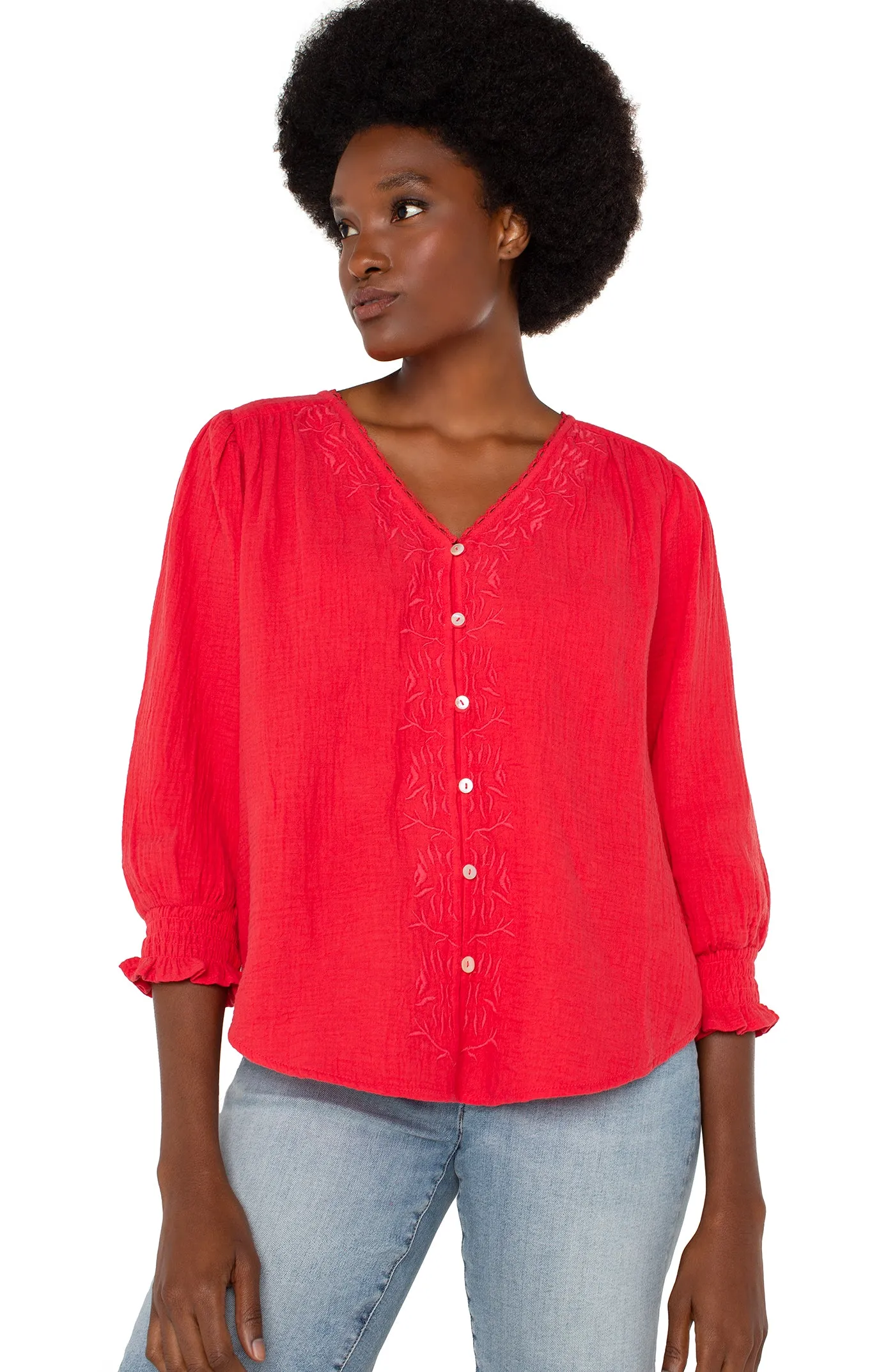 3/4 SLEEVE EMBROIDERED WOVEN BLOUSE sold by Liverpool Jeans Company