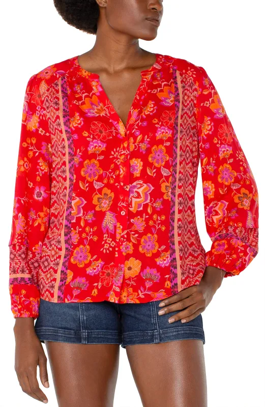 BUTTON FRONT SHIRRED BLOUSE sold by Liverpool Jeans Company