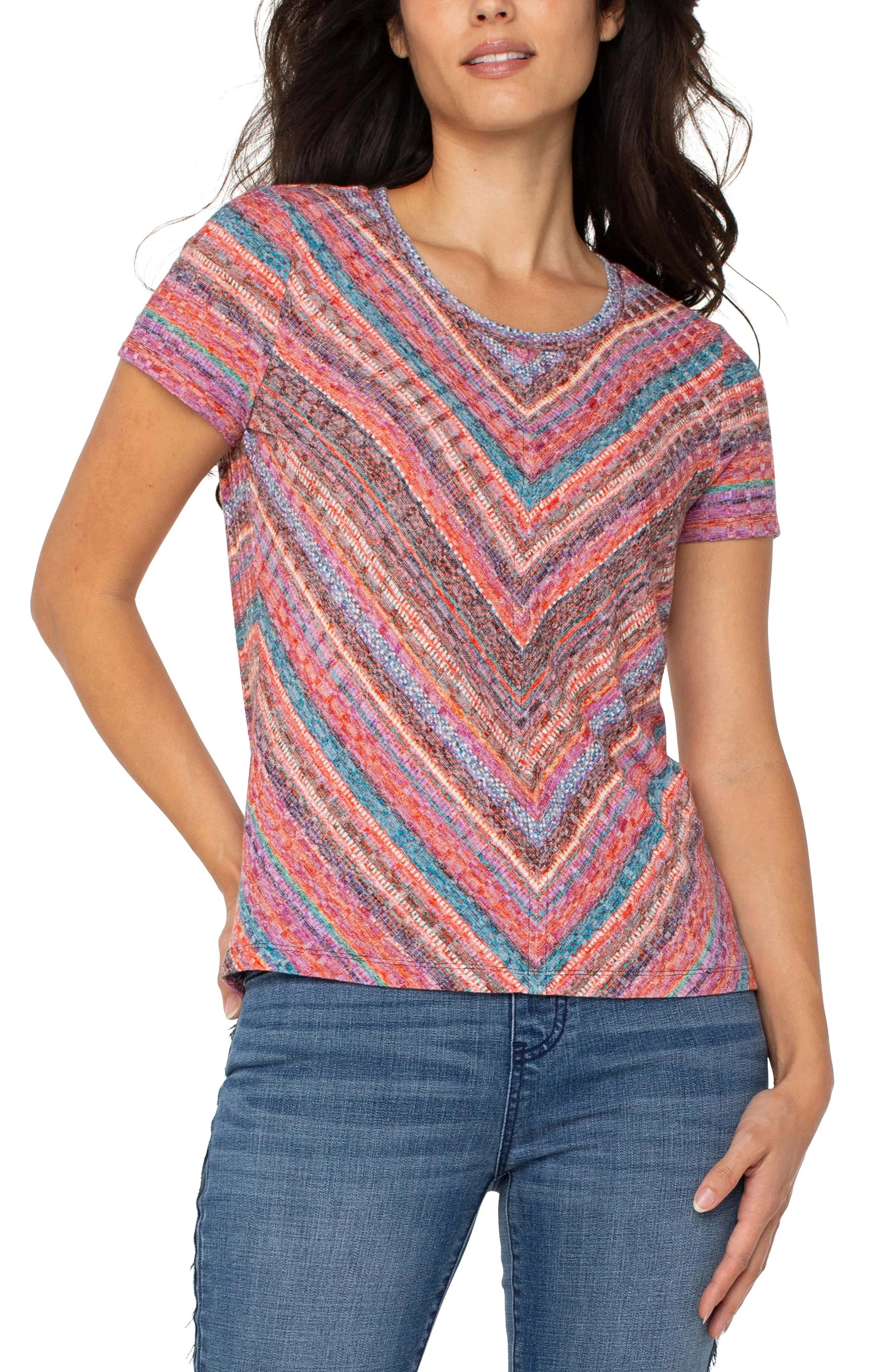 PETITE SHORT SLEEVE KNIT TOP WITH MITER sold by Liverpool Jeans Company