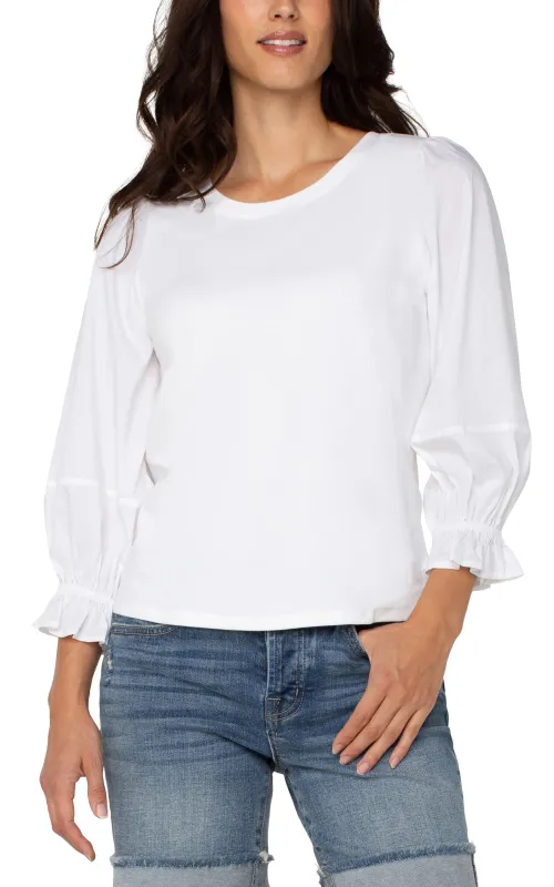 3/4 BLOUSON SLEEVE KNIT TO WOVEN TOP sold by Liverpool Jeans Company