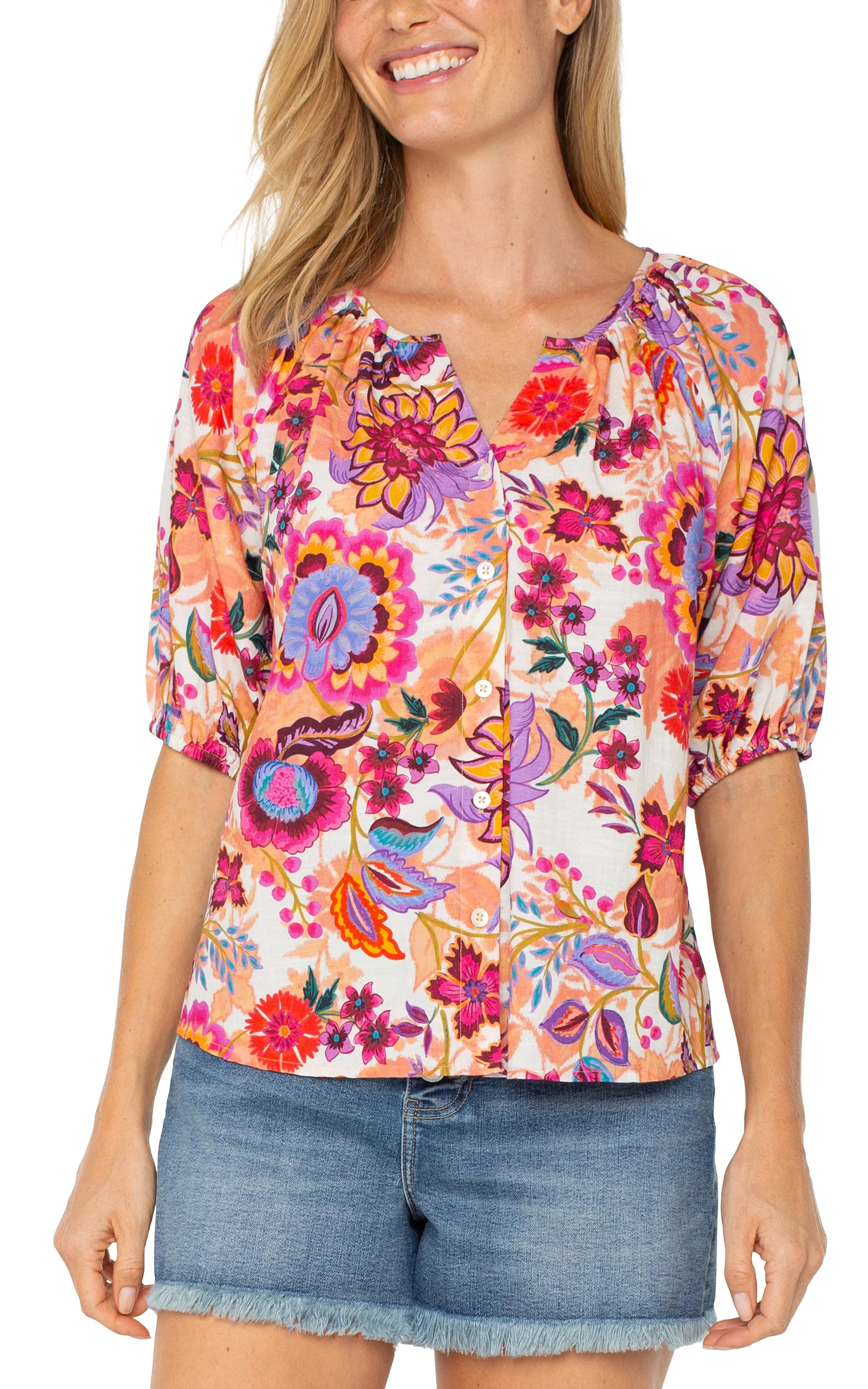 BUTTON FRONT SHIRRED WOVEN TOP sold by Liverpool Jeans Company