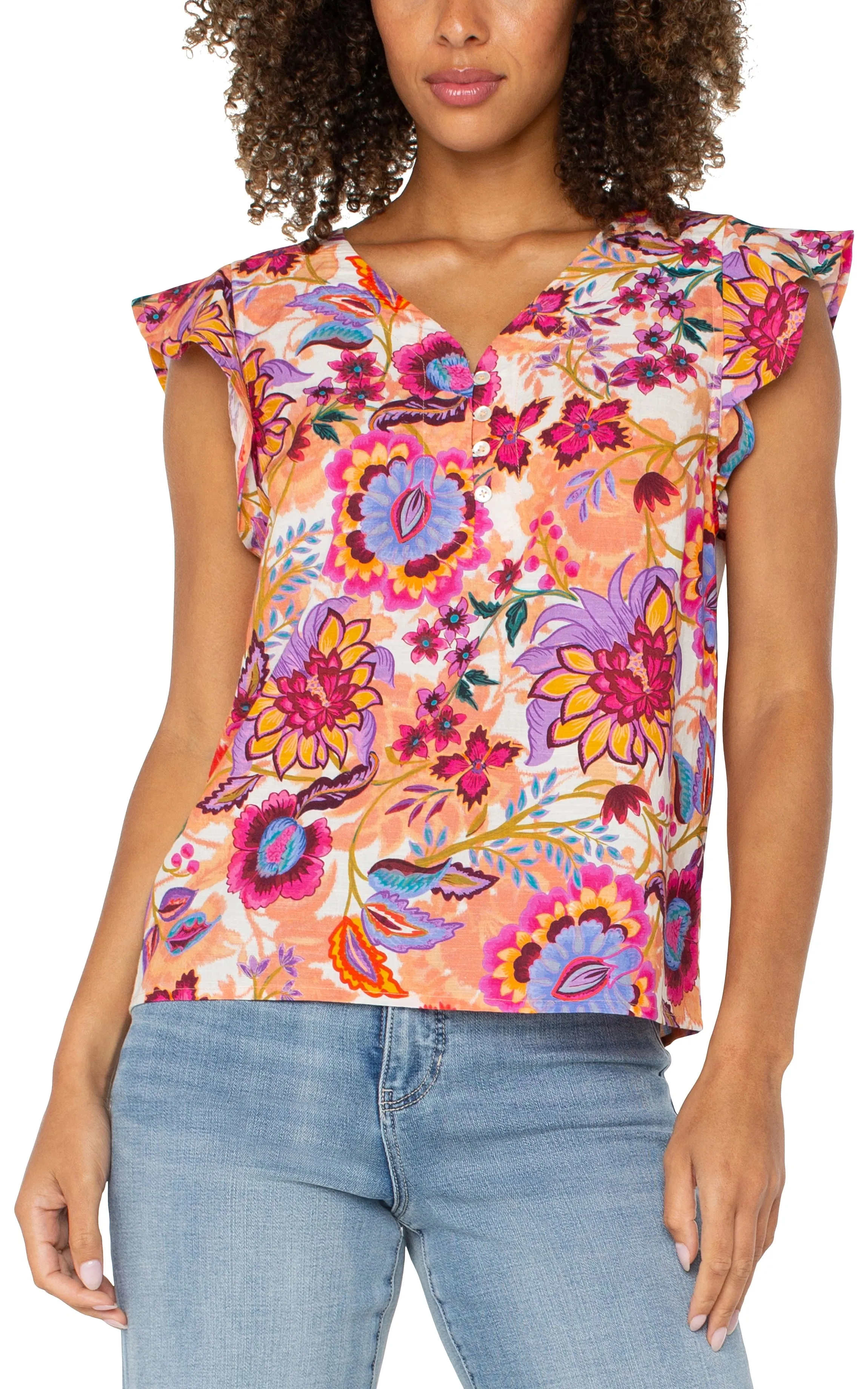 FLUTTER SLEEVE BUTTON FRONT WOVEN TOP sold by Liverpool Jeans Company