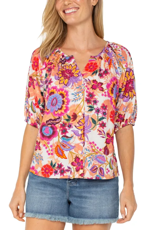 PETITE BUTTON FRONT SHIRRED WOVEN TOP sold by Liverpool Jeans Company