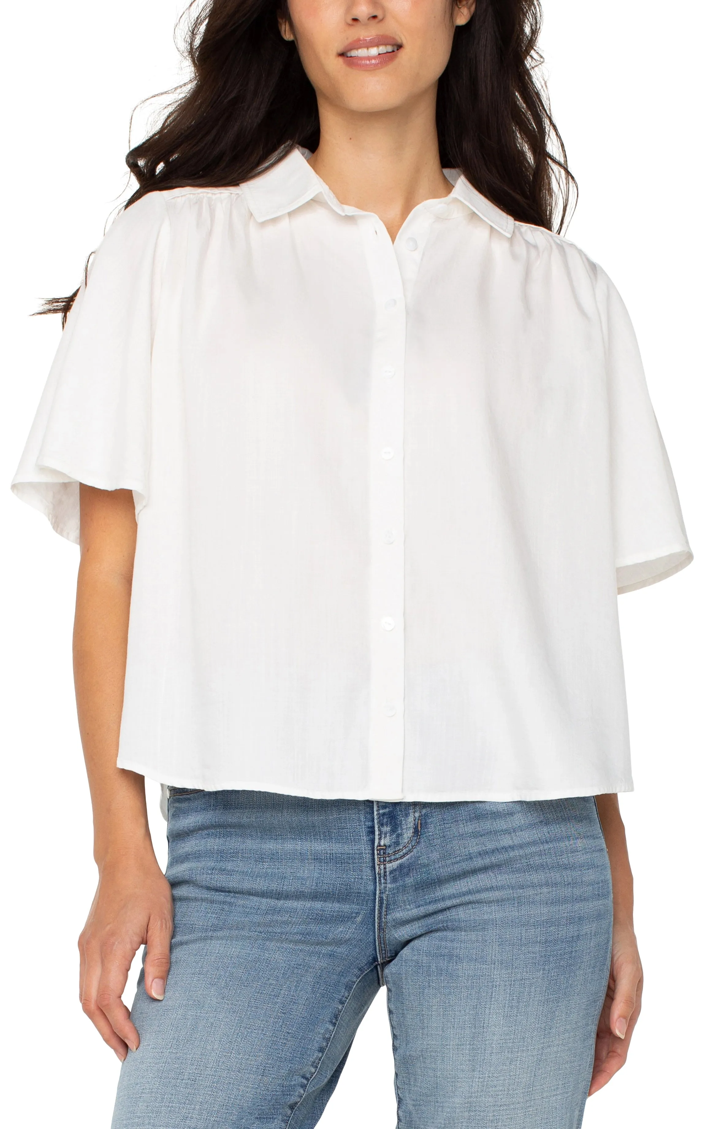 1/2 SLEEVE SHIRRED WOVEN BLOUSE sold by Liverpool Jeans Company
