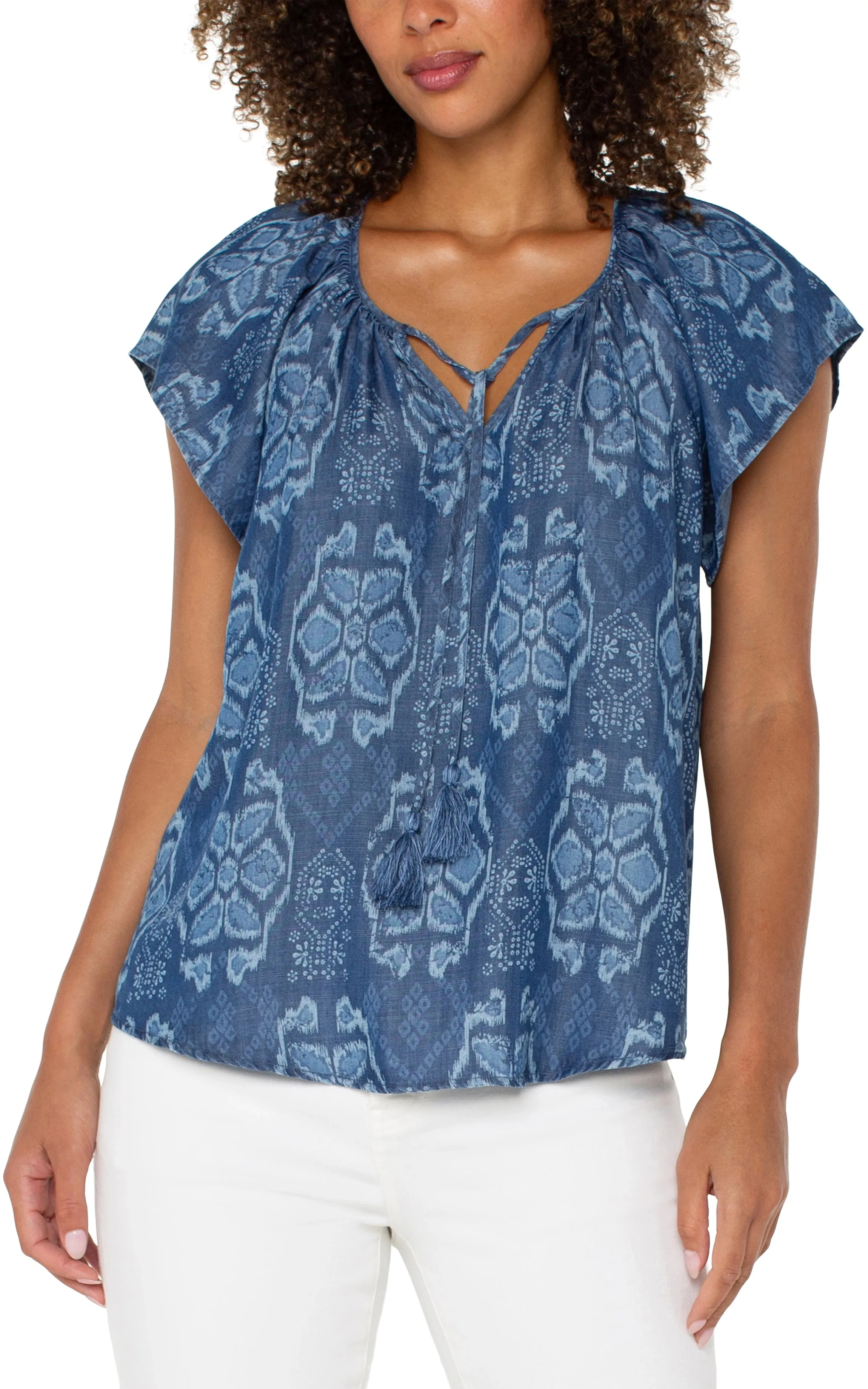 FLUTTER SLEEVE WOVEN TOP W/ FRONT TIE sold by Liverpool Jeans Company