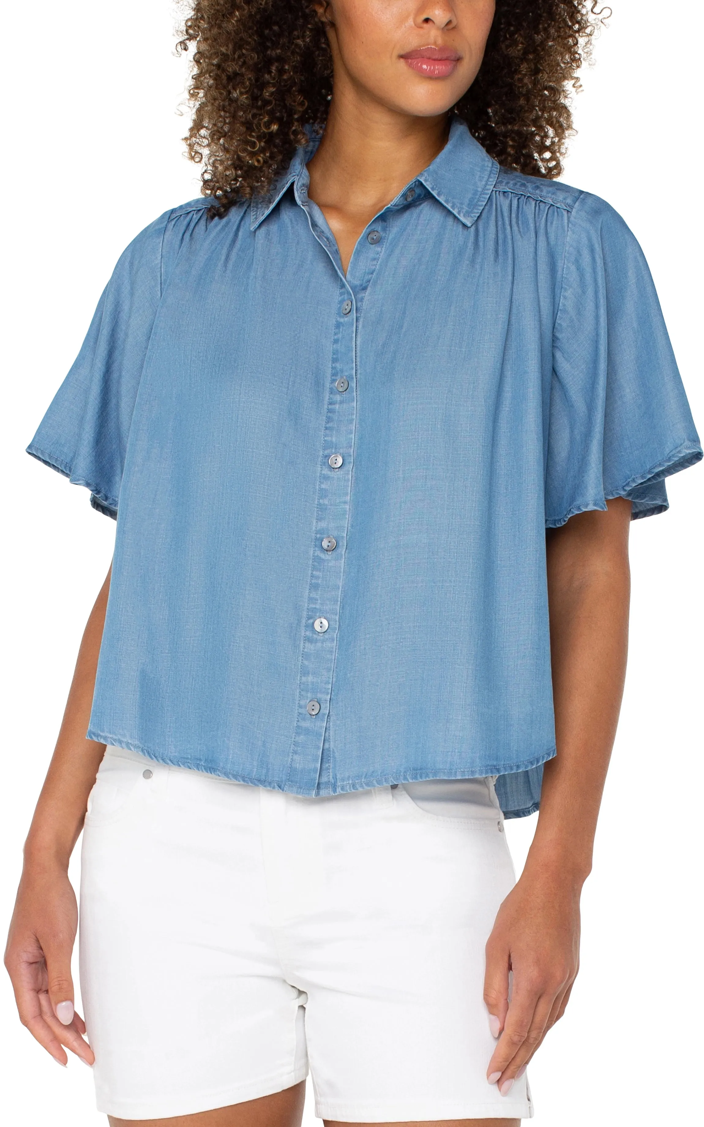PETITE 1/2 SLEEVE SHIRRED WOVEN BLOUSE sold by Liverpool Jeans Company