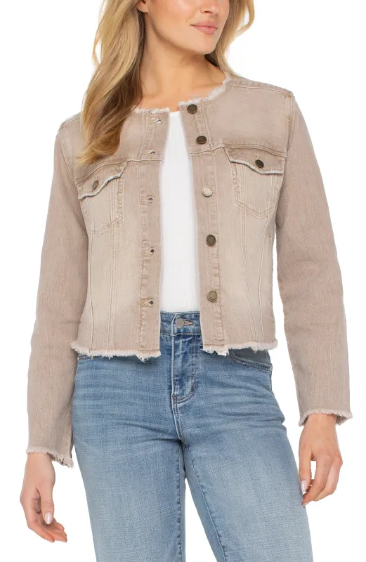 COLLARLESS JEAN JACKET WITH FRAY HEM sold by Liverpool Jeans Company