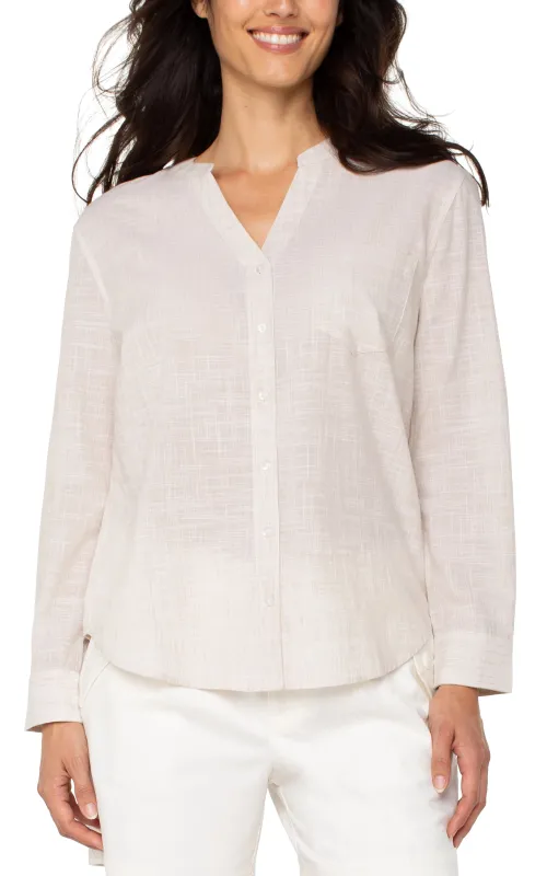 BUTTON FRONT WOVEN SHIRT WITH BANDED COLLAR sold by Liverpool Jeans Company