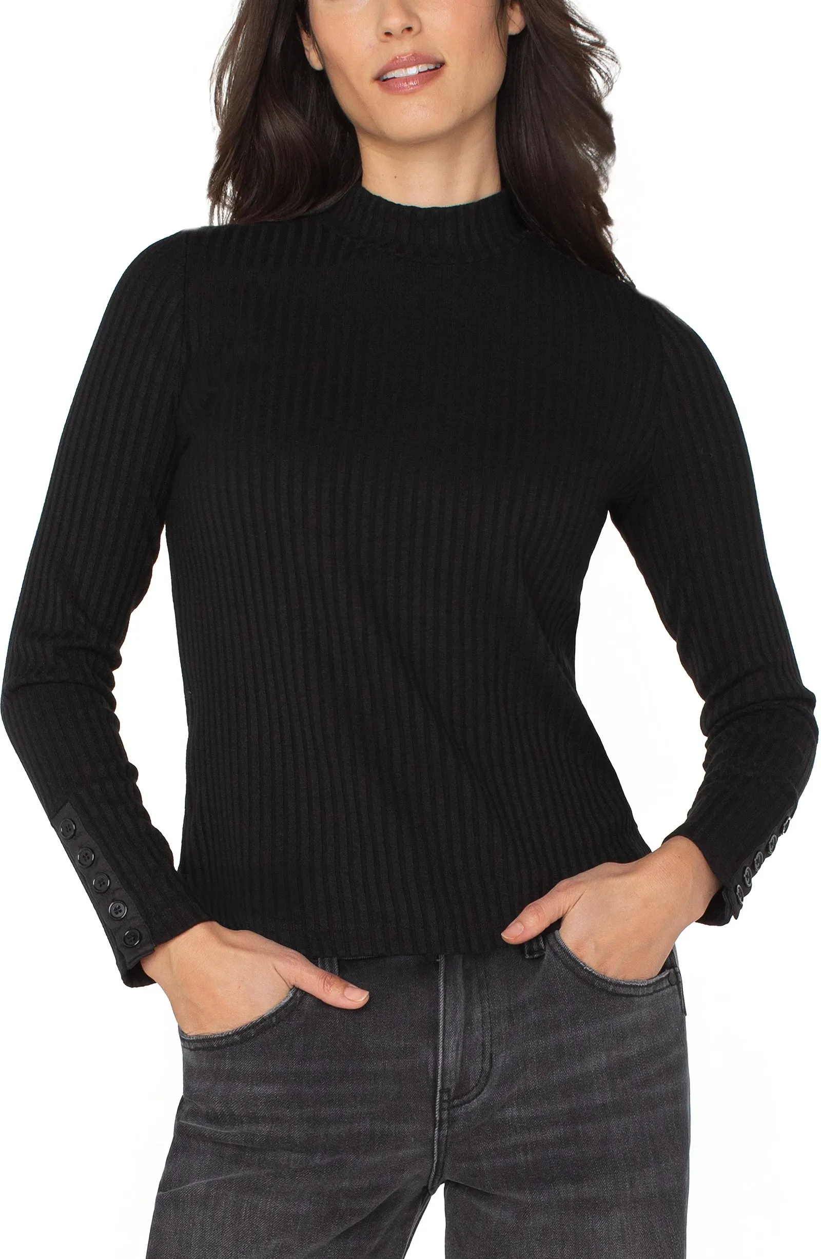 LONG SLEEVE MOCK NECK KNIT TOP W/ BUTTON DETAIL sold by Liverpool Jeans Company