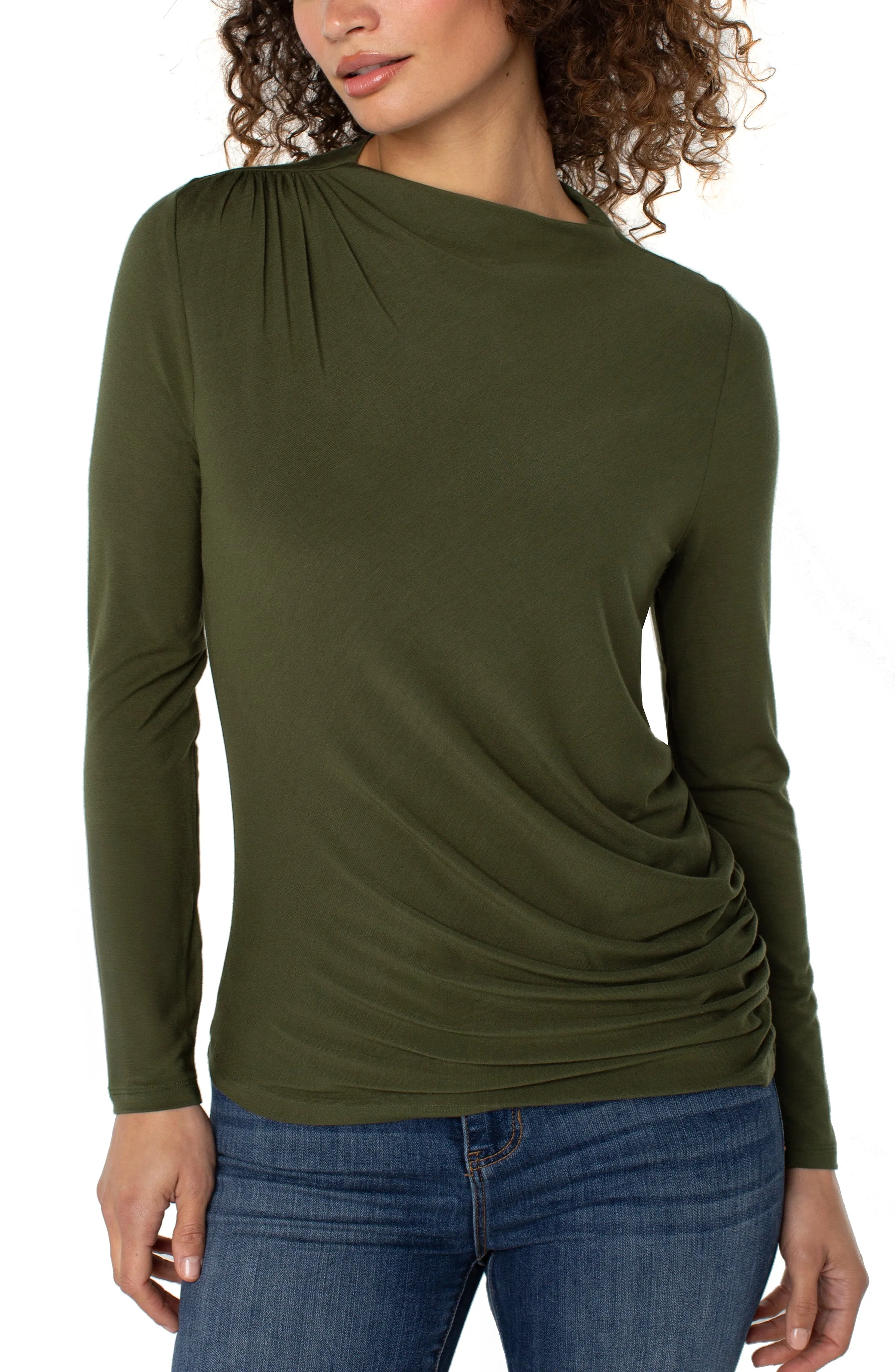 LONG SLEEVE MOCK NECK KNIT TOP W/ SHIRRING sold by Liverpool Jeans Company