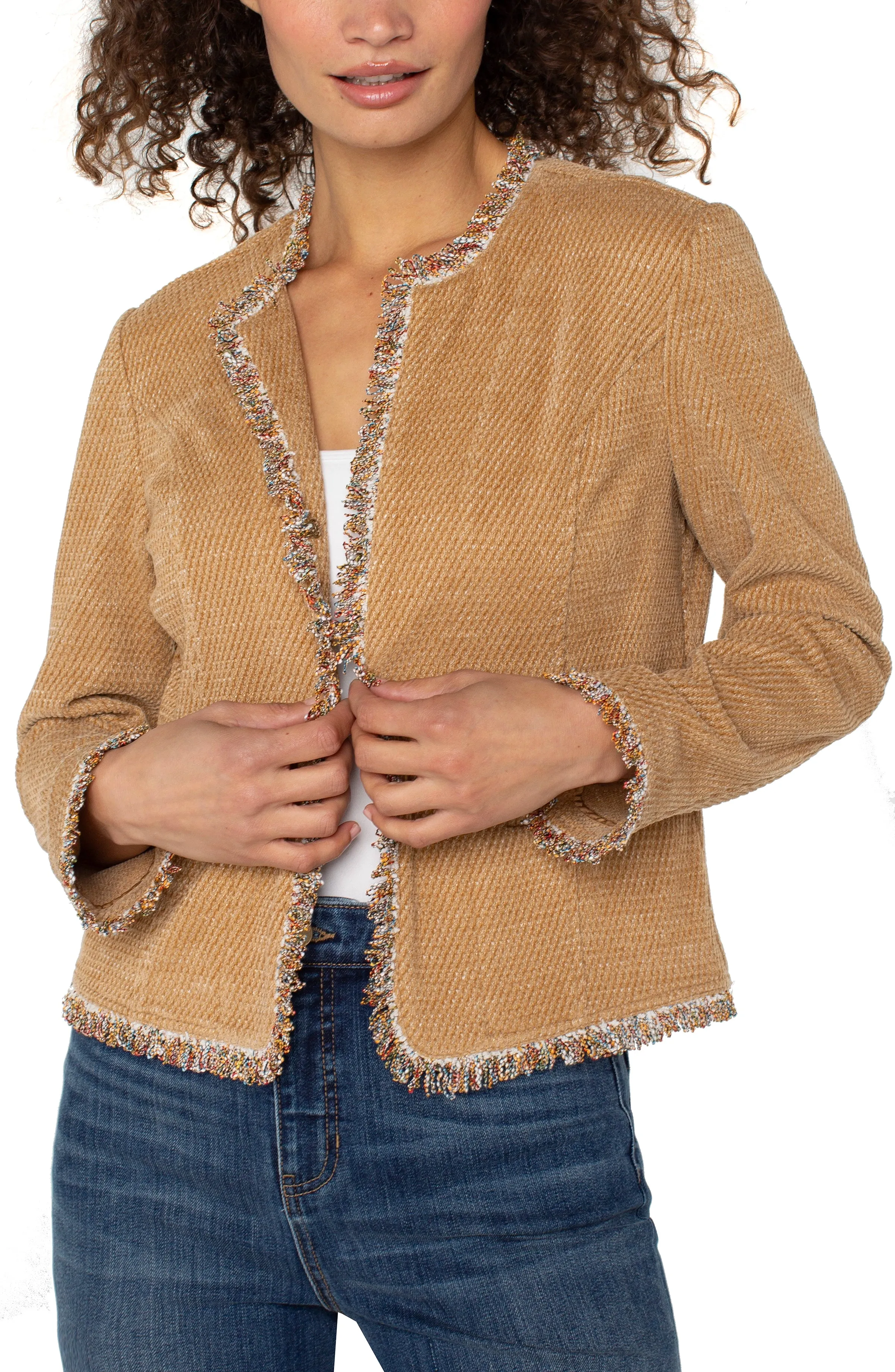 COLLARLESS JACKET WITH FRAYED EDGES sold by Liverpool Jeans Company