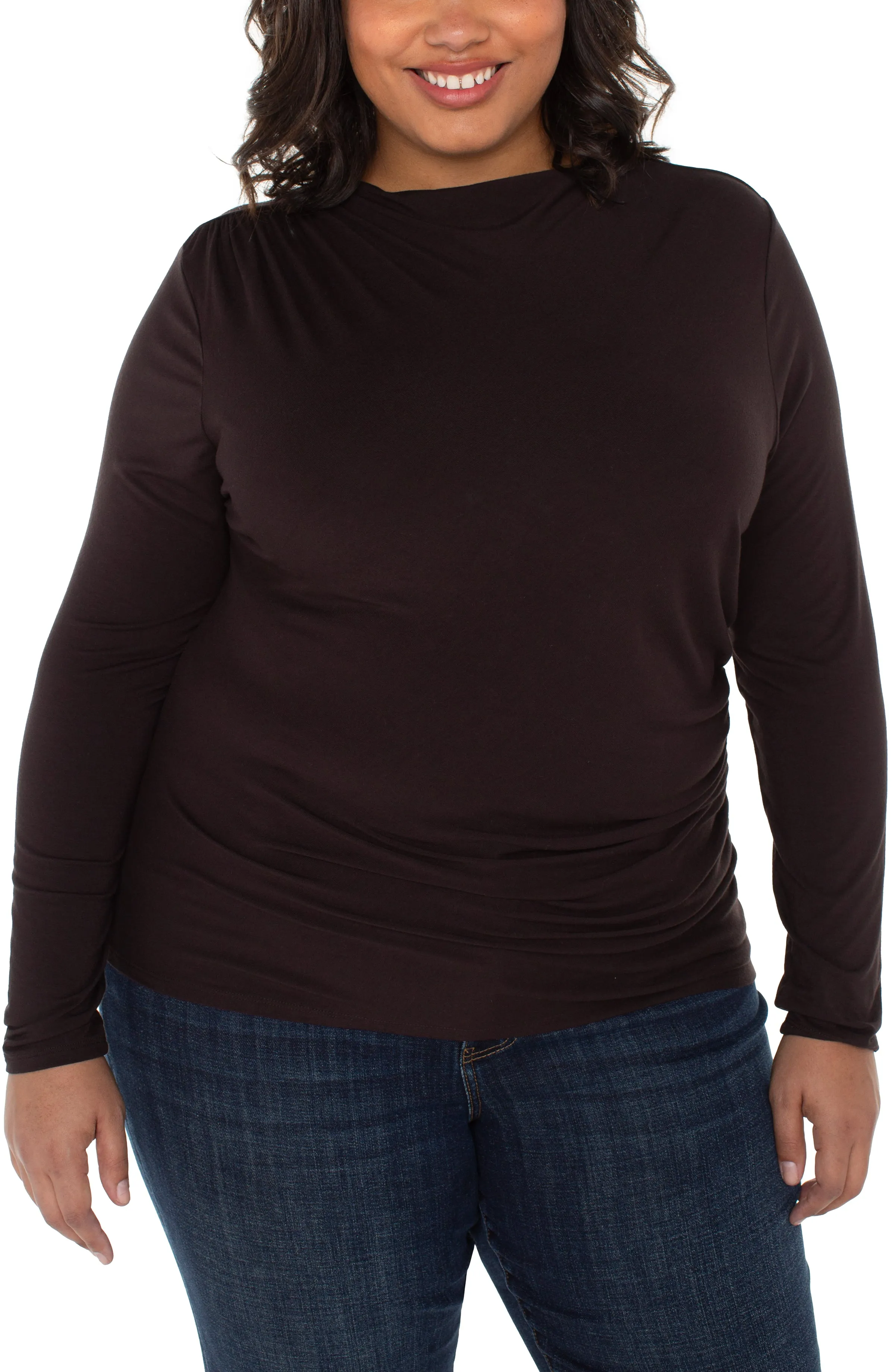 LONG SLEEVE MOCK NECK KNIT TOP W/ SHIRRING sold by Liverpool Jeans Company