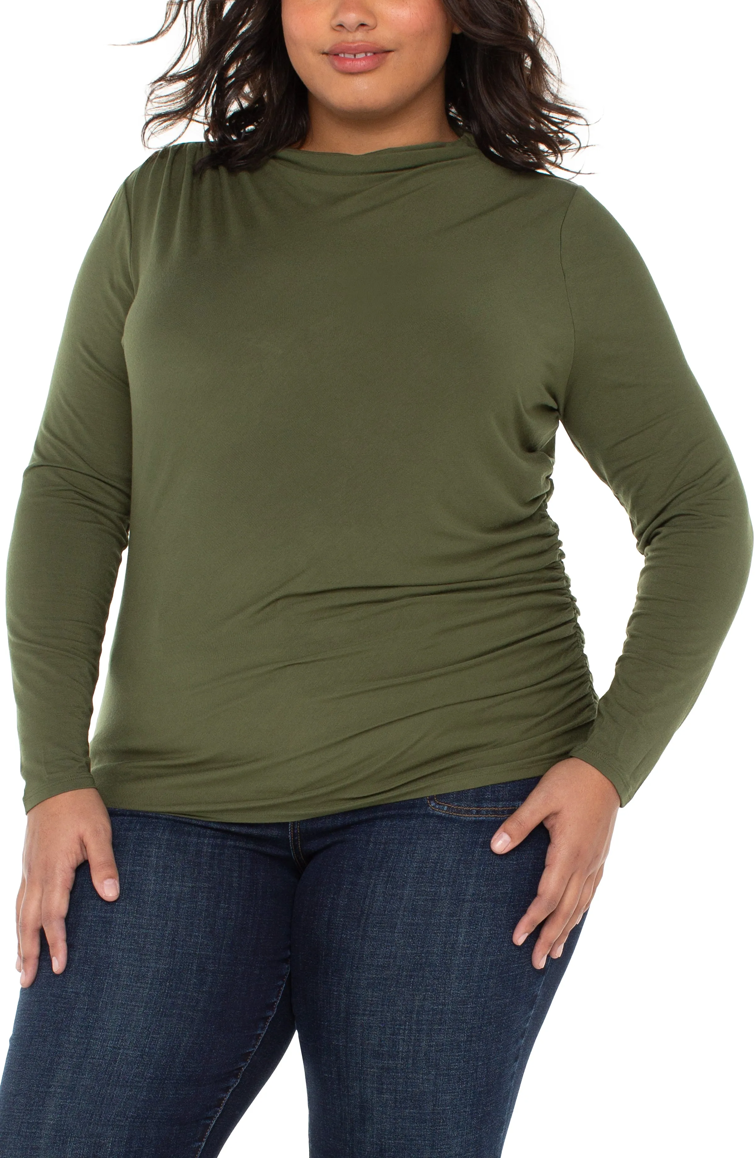 LONG SLEEVE MOCK NECK KNIT TOP W/ SHIRRING sold by Liverpool Jeans Company