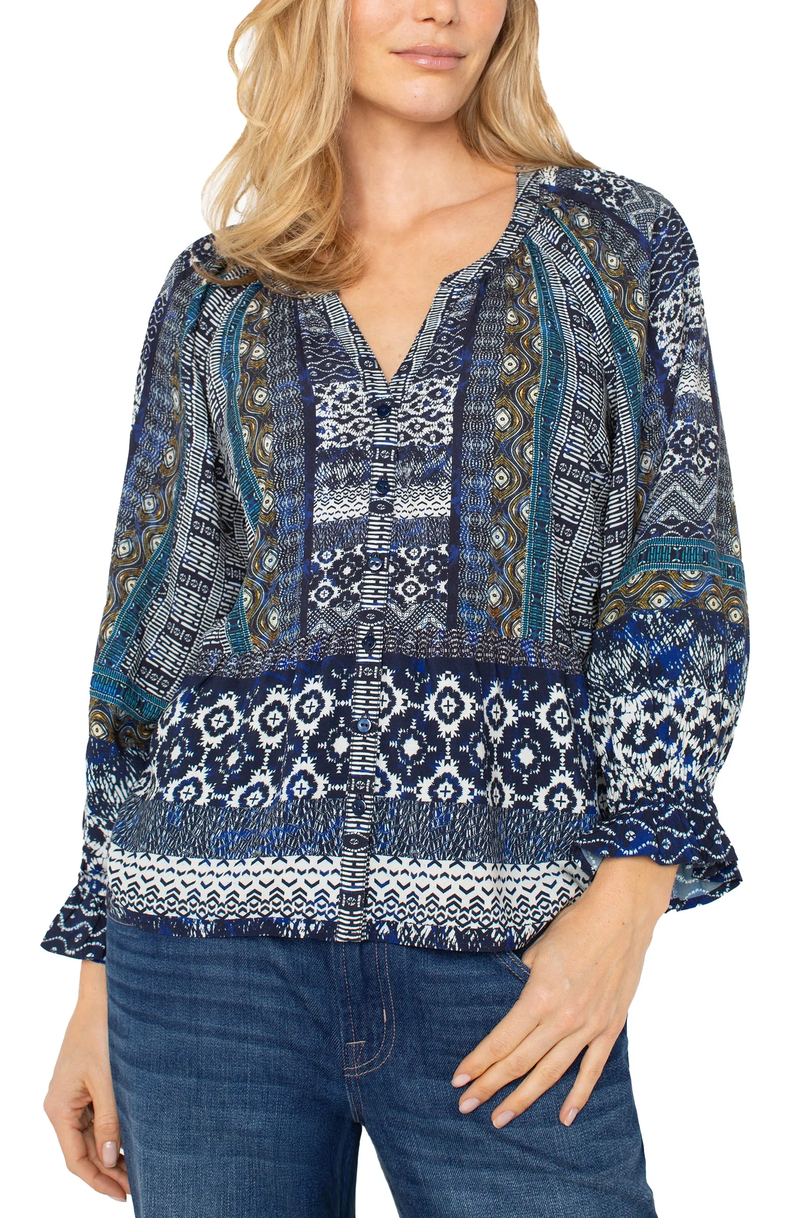 PETITE 3/4 SLEEVE BUTTON FRONT WOVEN BLOUSE sold by Liverpool Jeans Company