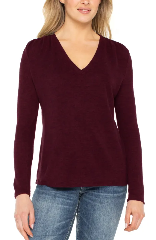 LONG SLEEVE V-NECK KNIT TOP W/ SHIRRING sold by Liverpool Jeans Company