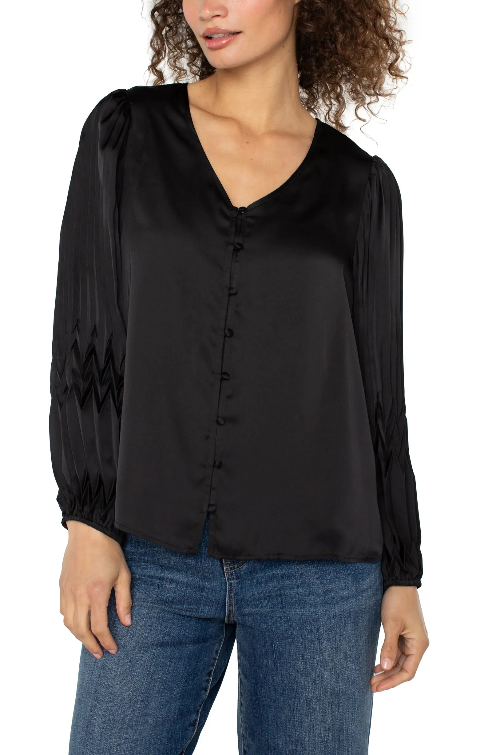 V-NECK PLEATED DETAIL WOVEN TOP sold by Liverpool Jeans Company