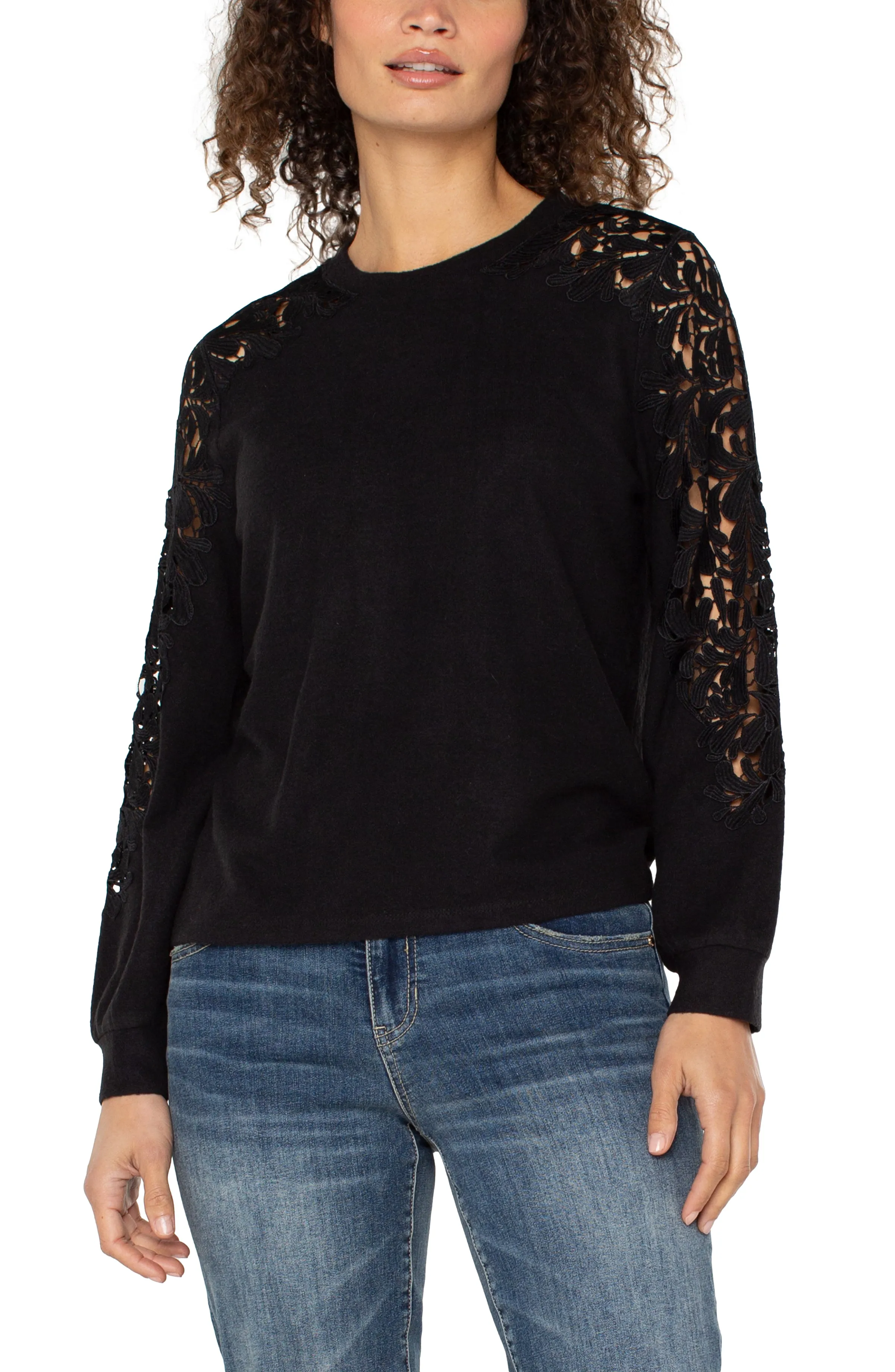 PETITE LONG SLEEVE LACE INSET SWEATER sold by Liverpool Jeans Company product image thumbnail 4