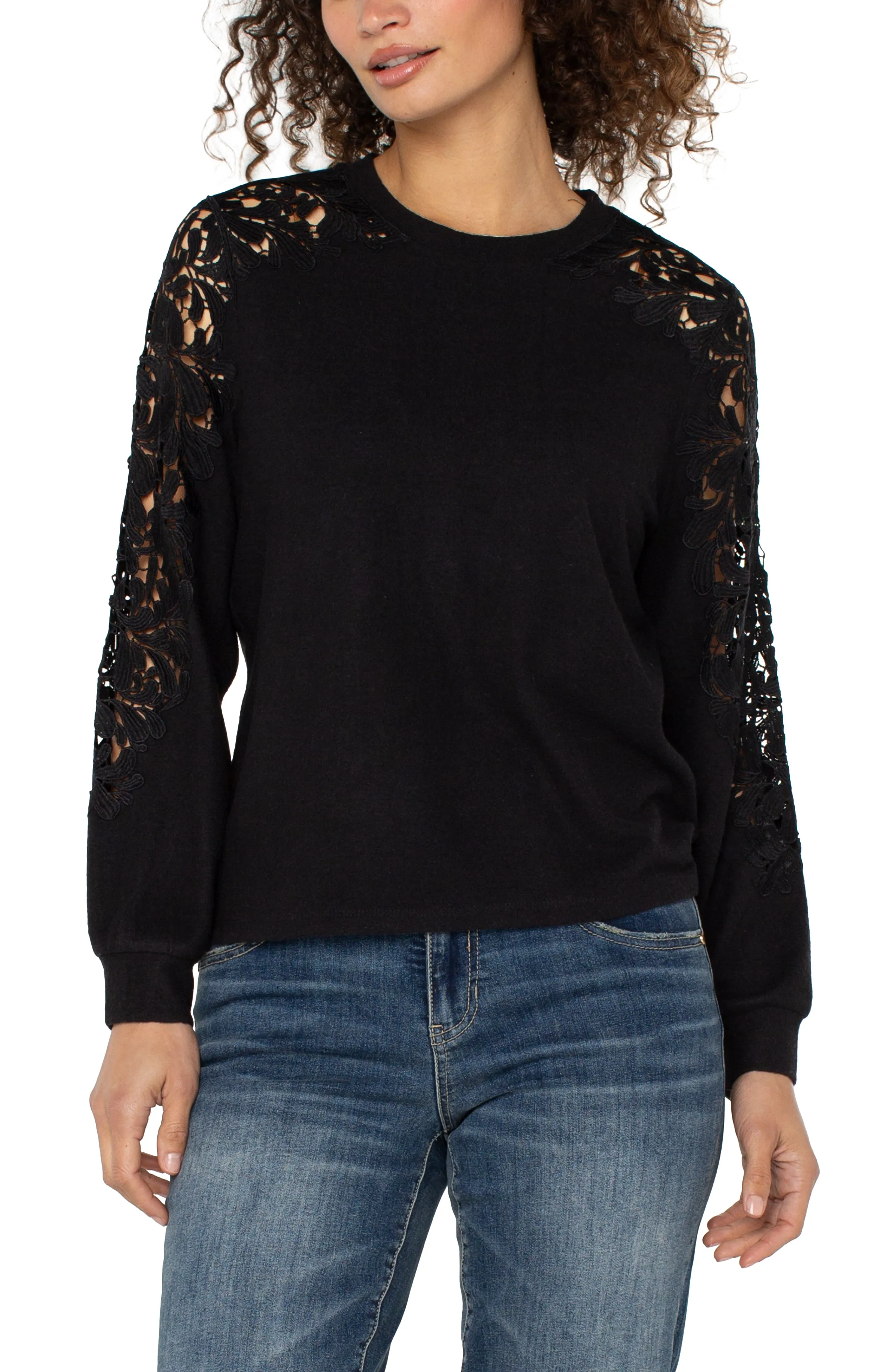 PETITE LONG SLEEVE LACE INSET SWEATER sold by Liverpool Jeans Company