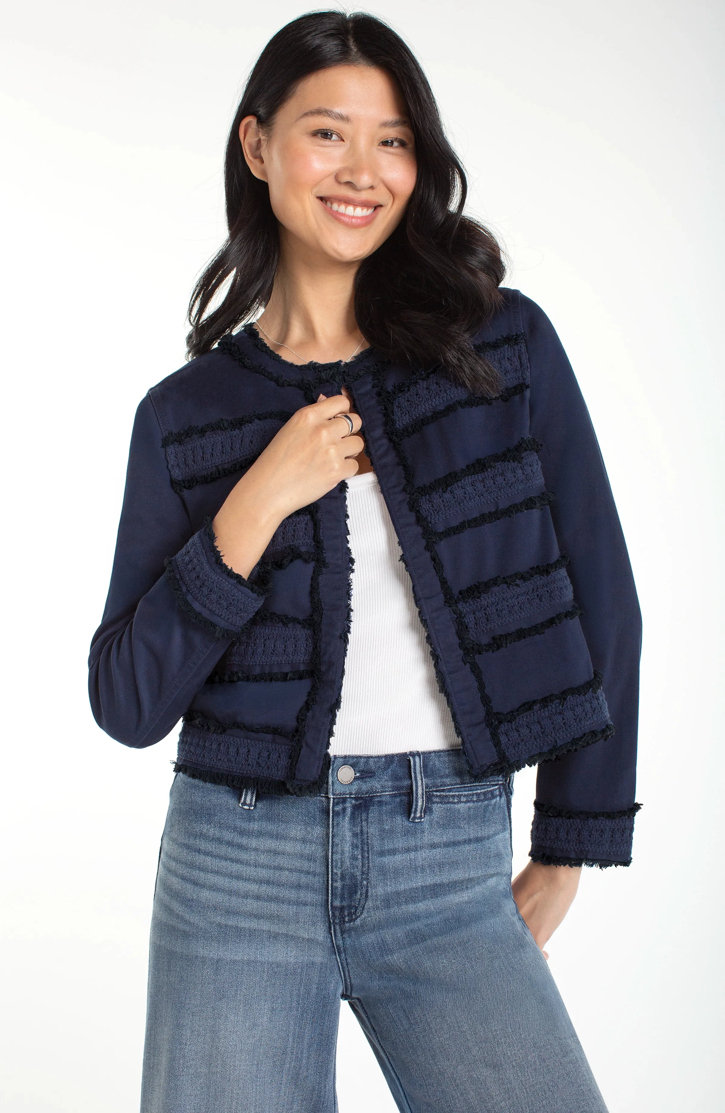 PETITE COLLARLESS JACKET WITH FRAY & LACE sold by Liverpool Jeans Company