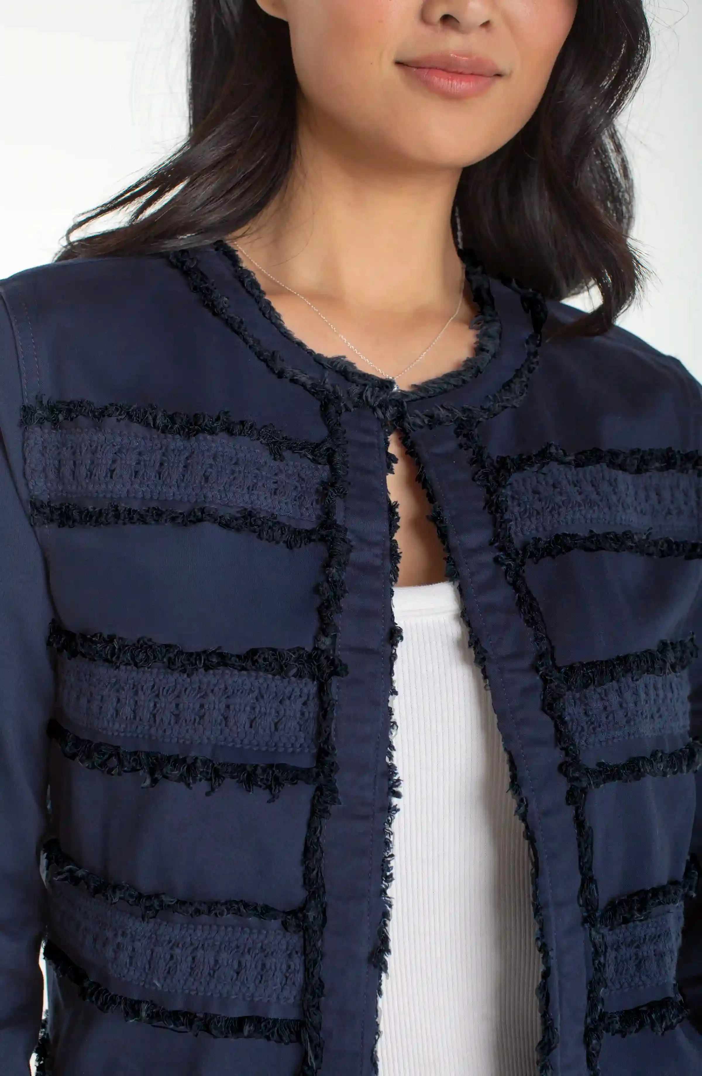 PETITE COLLARLESS JACKET WITH FRAY & LACE sold by Liverpool Jeans Company product image thumbnail 3