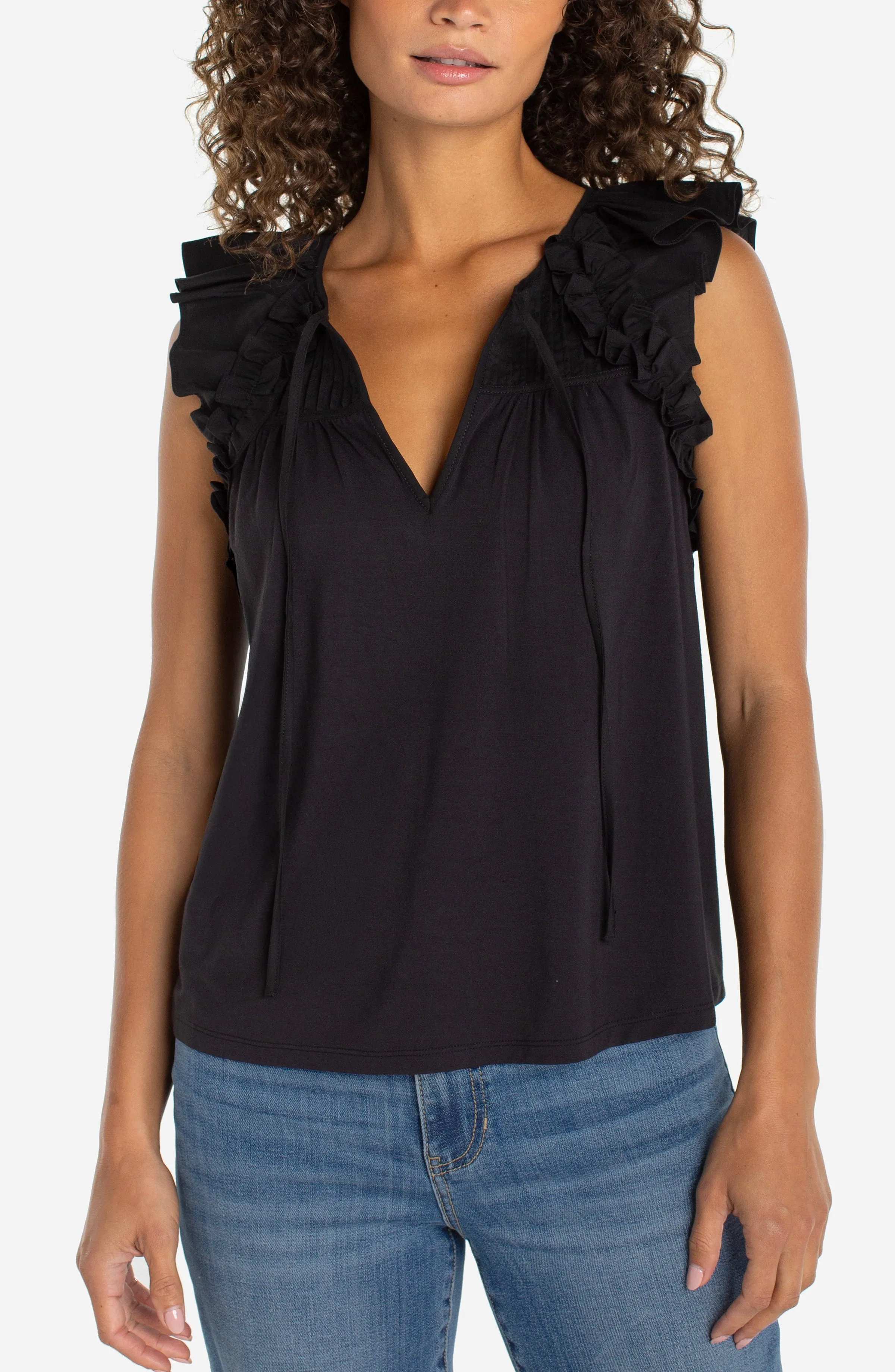 FLUTTER SLEEVE KNIT-TO-WOVEN TOP W/ TIES sold by Liverpool Jeans Company