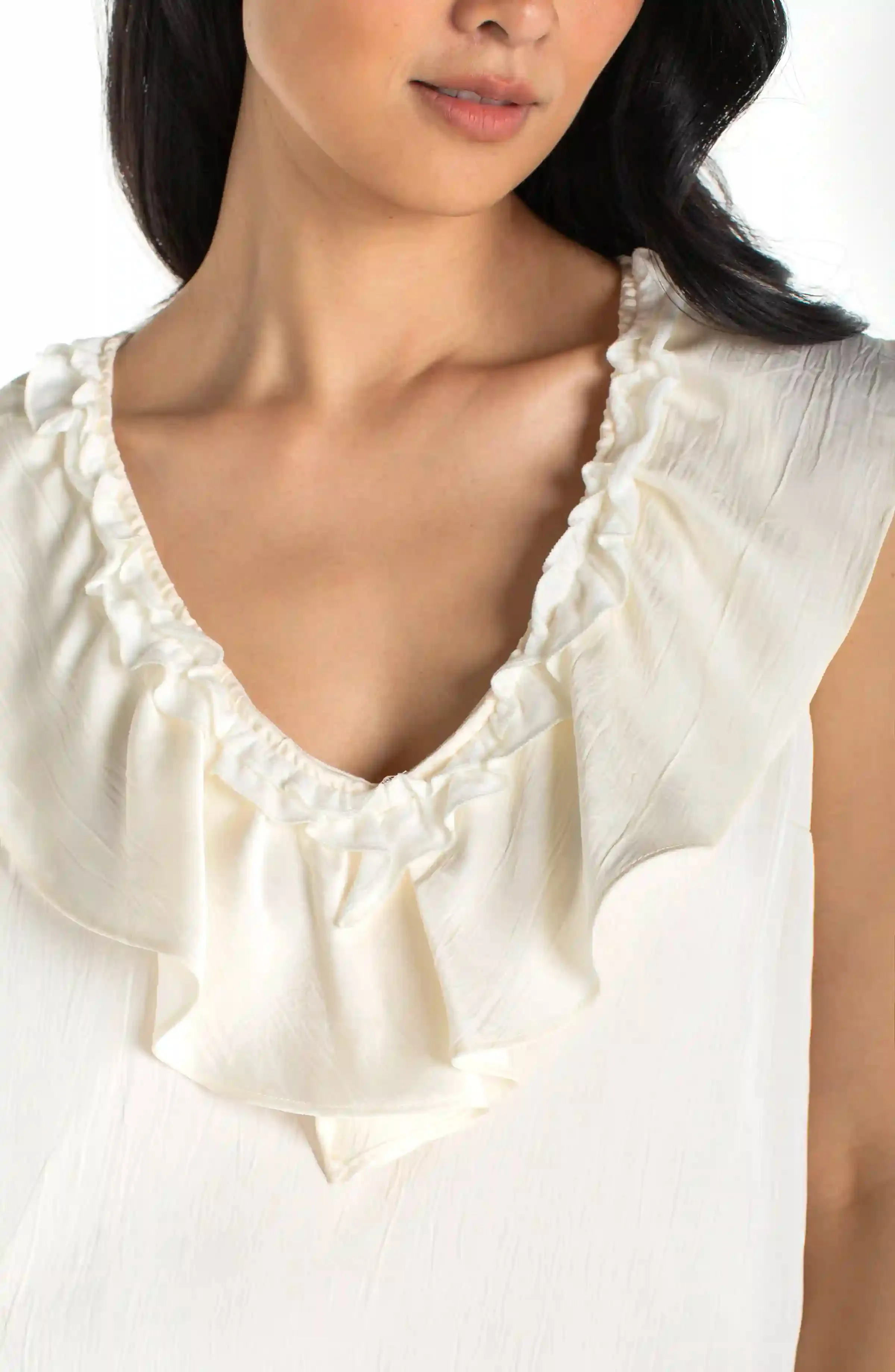 RUFFLE FRONT SLEEVELESS WOVEN-TO-KNIT TOP sold by Liverpool Jeans Company product image thumbnail 4