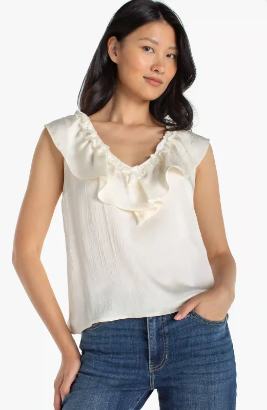 RUFFLE FRONT SLEEVELESS WOVEN-TO-KNIT TOP sold by Liverpool Jeans Company