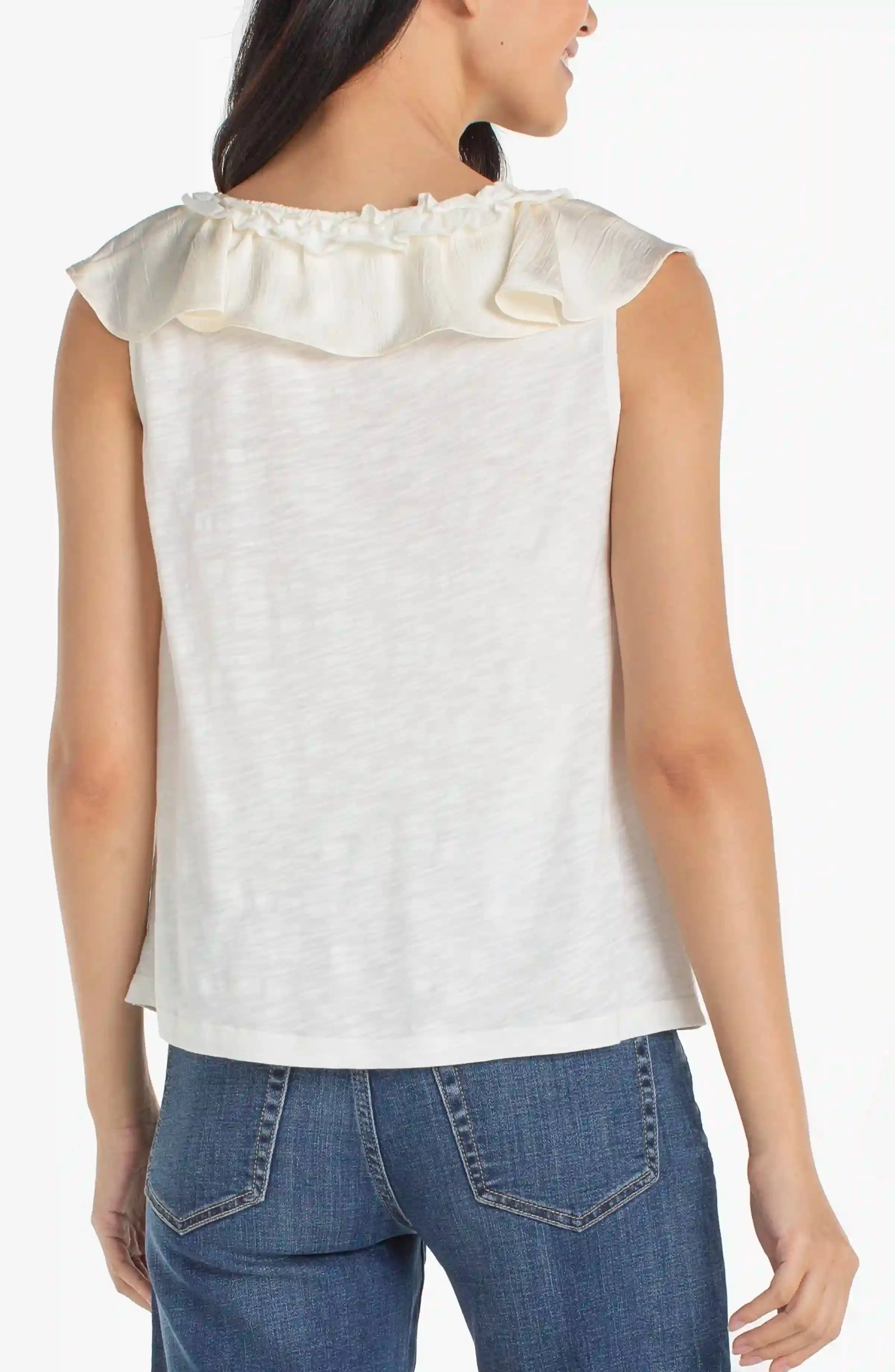 RUFFLE FRONT SLEEVELESS WOVEN-TO-KNIT TOP sold by Liverpool Jeans Company product image thumbnail 3