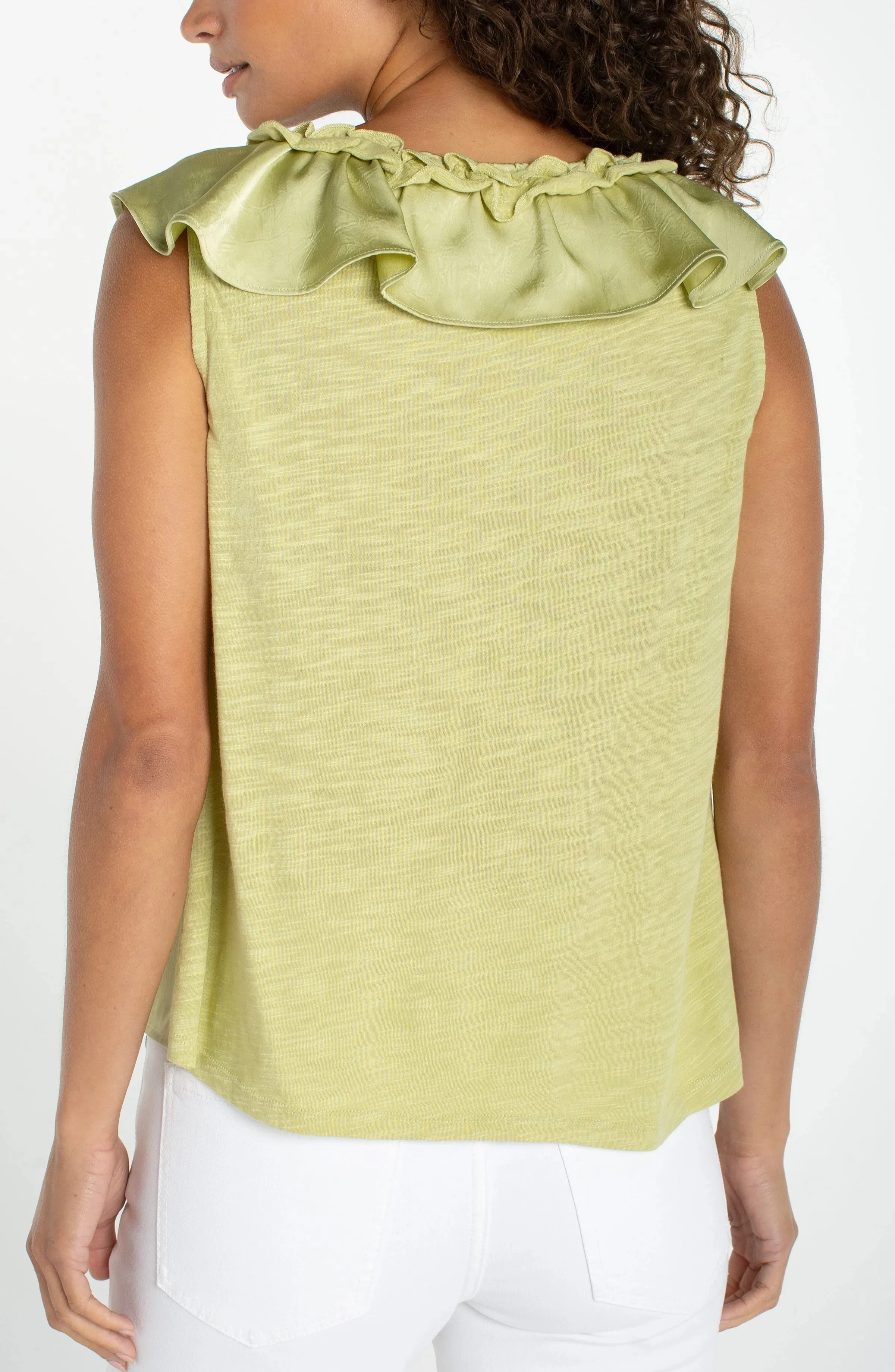 RUFFLE FRONT SLEEVELESS WOVEN-TO-KNIT TOP sold by Liverpool Jeans Company product image thumbnail 2