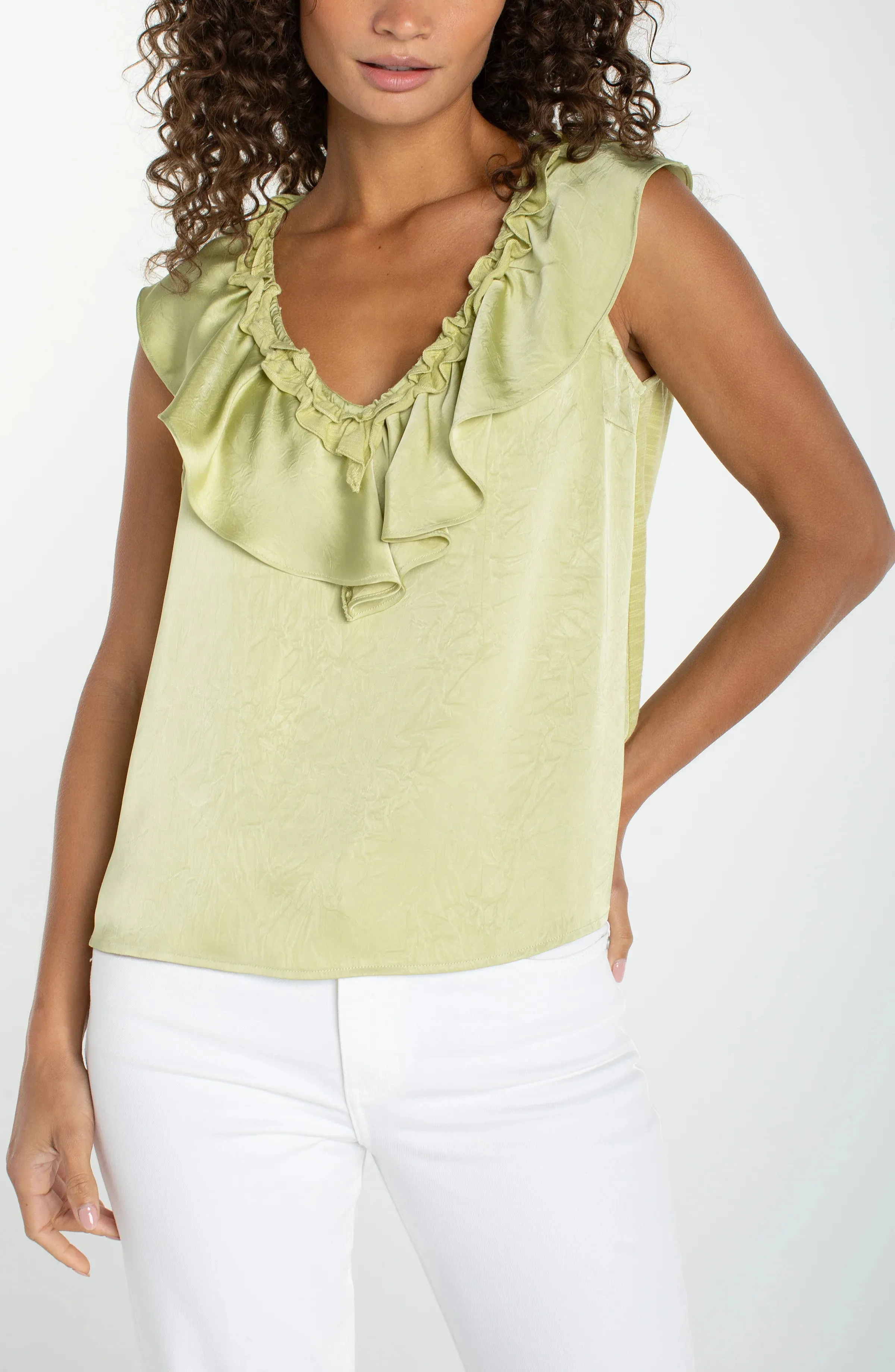 RUFFLE FRONT SLEEVELESS WOVEN-TO-KNIT TOP sold by Liverpool Jeans Company