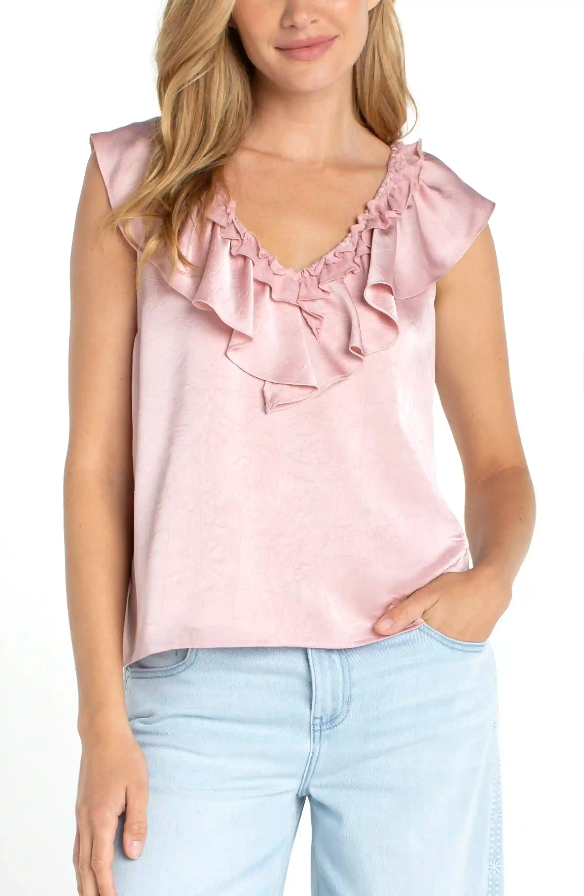 RUFFLE FRONT SLEEVELESS WOVEN-TO-KNIT TOP sold by Liverpool Jeans Company