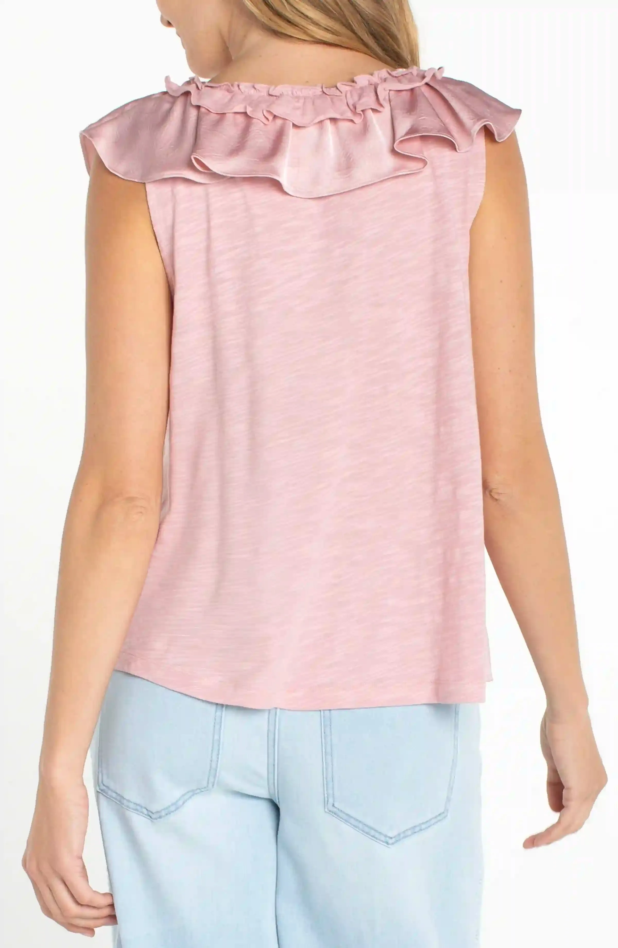 RUFFLE FRONT SLEEVELESS WOVEN-TO-KNIT TOP sold by Liverpool Jeans Company product image thumbnail 2