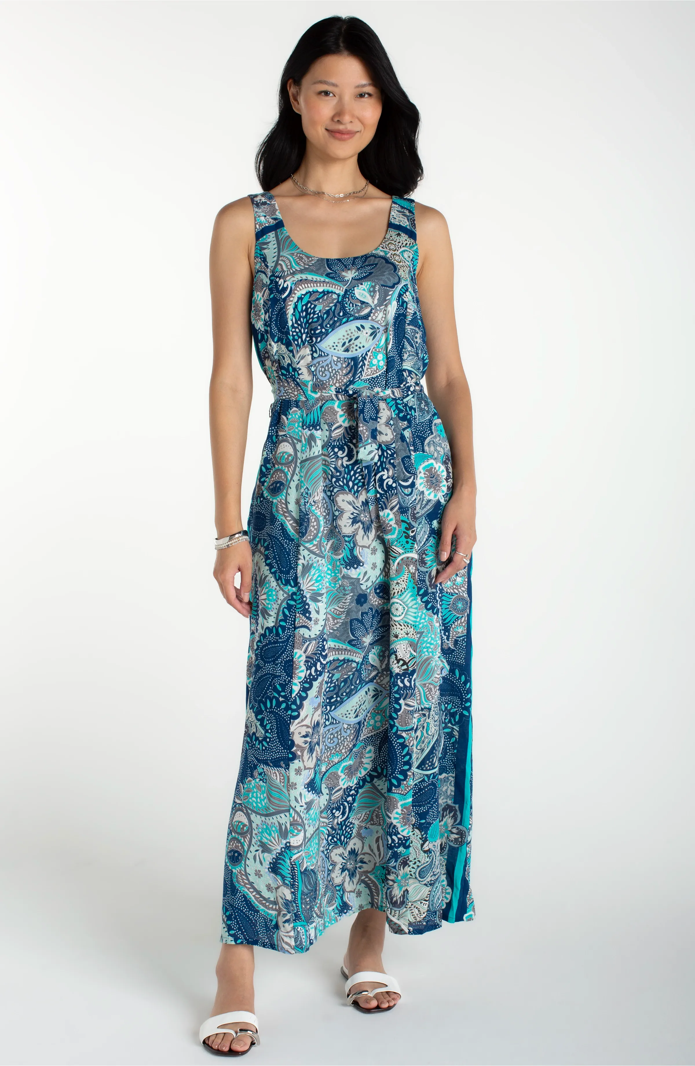 SLEEVELESS WOVEN MAXI DRESS WITH SELF BELT sold by Liverpool Jeans Company