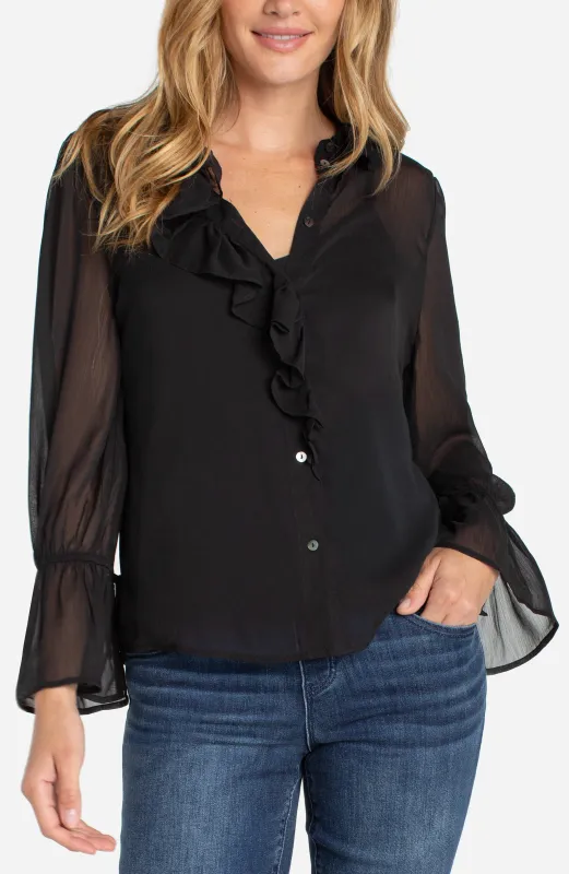LONG SLEEVE RUFFLE FRONT WOVEN SHIRT sold by Liverpool Jeans Company