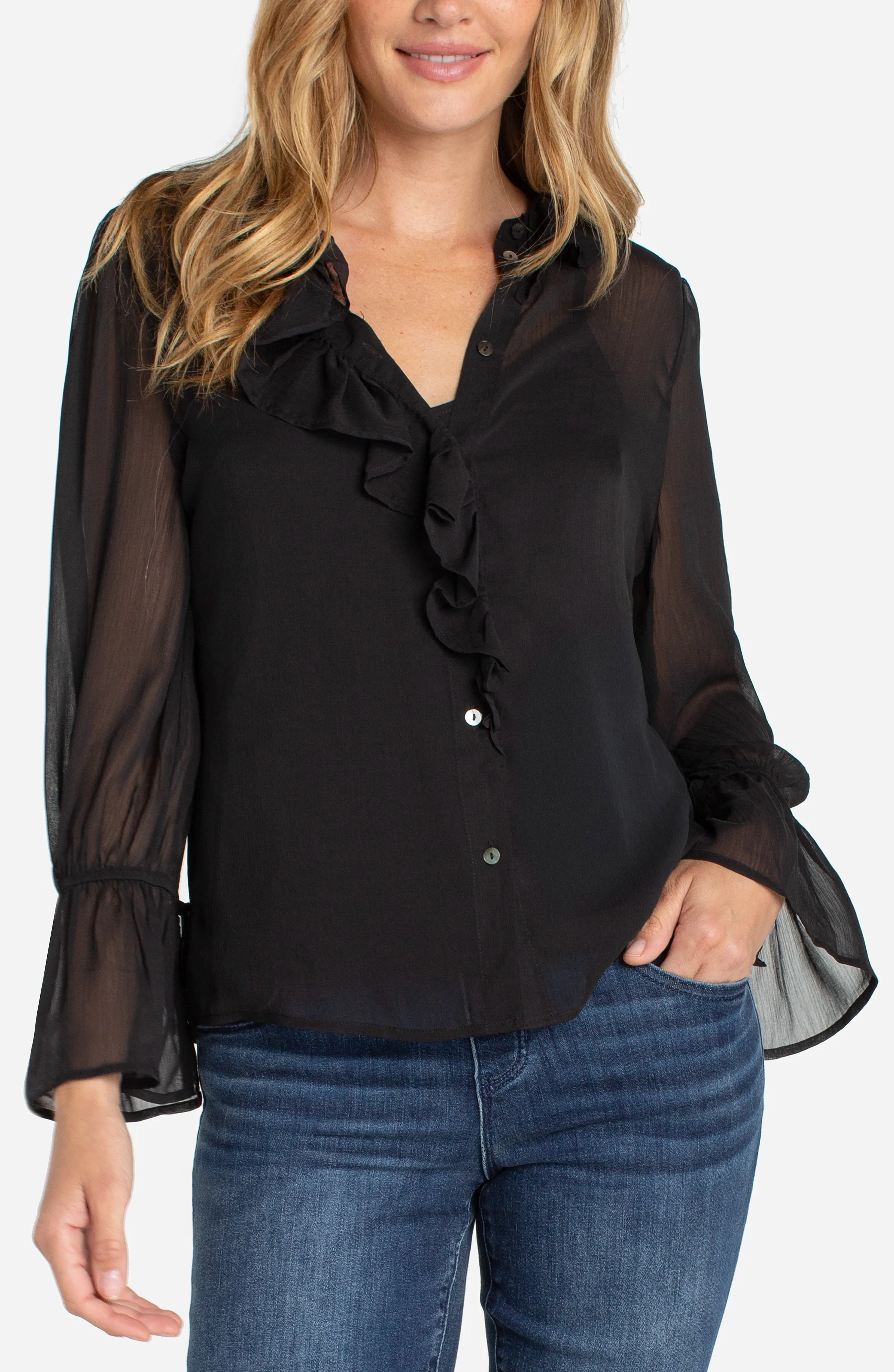 LONG SLEEVE RUFFLE FRONT WOVEN SHIRT sold by Liverpool Jeans Company