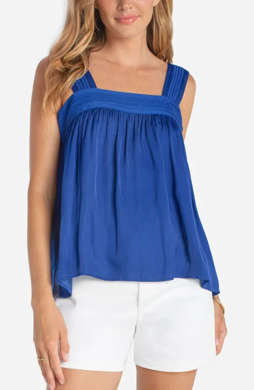 SLEEVELESS WOVEN TOP W/ PINTUCK STRAPS made by Liverpool Jeans Company