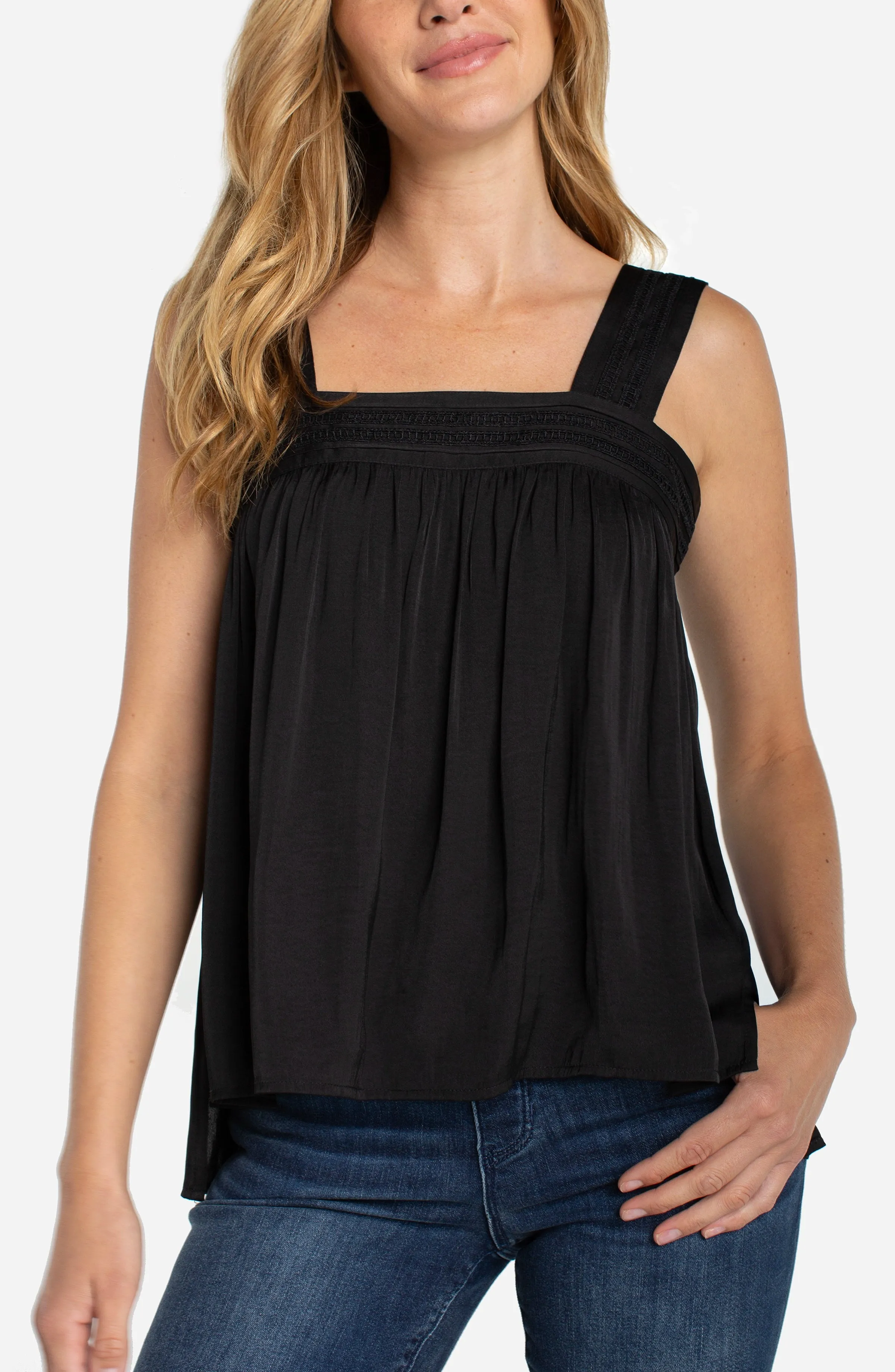 SLEEVELESS WOVEN TOP W/ PINTUCK STRAPS sold by Liverpool Jeans Company