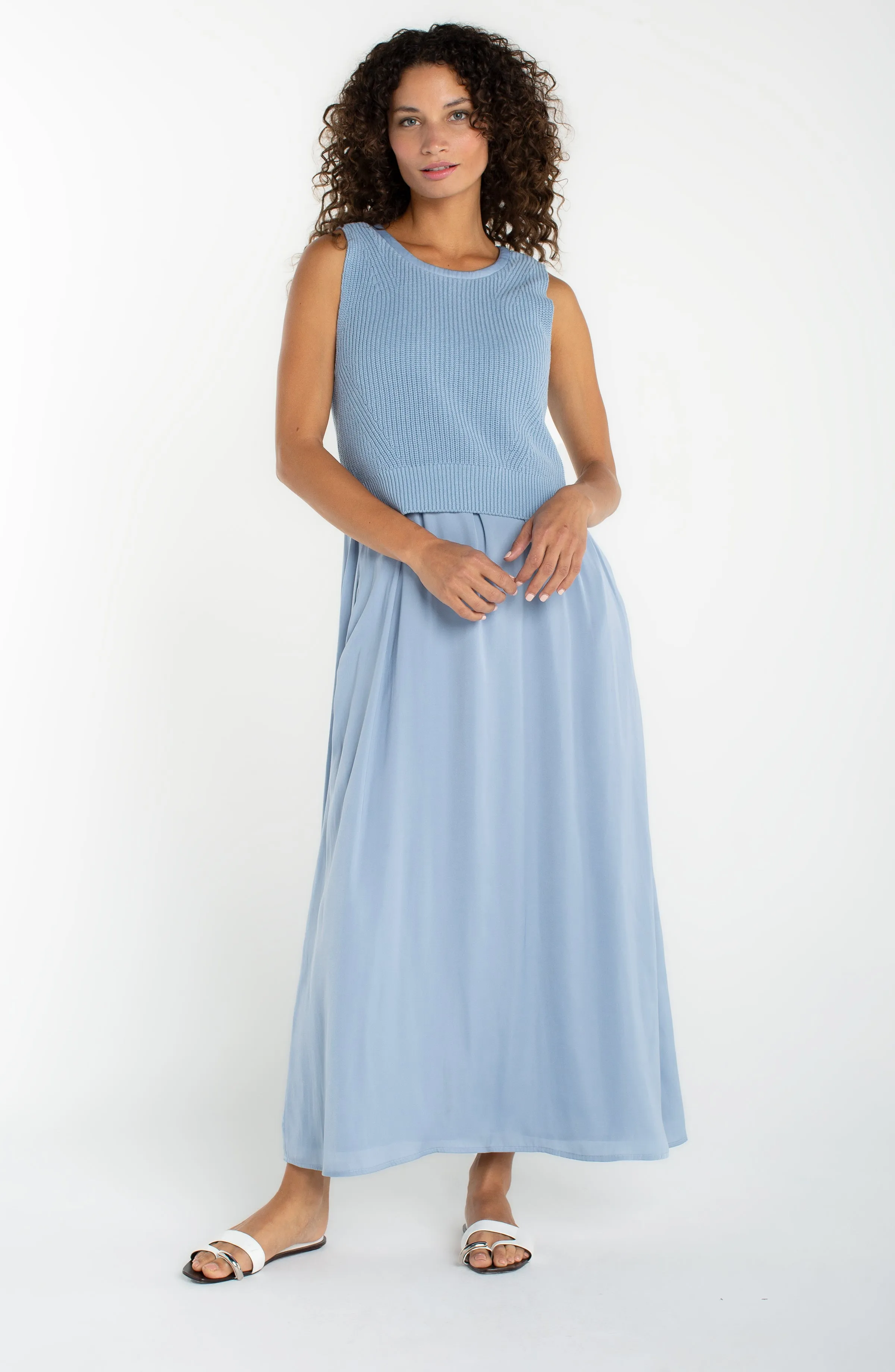 SLEEVELESS TIE BACK SWEATER WOVEN DRESS sold by Liverpool Jeans Company