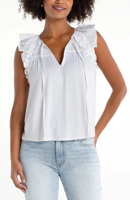 PETITE FLUTTER SLEEVE KNIT-TO-WOVEN TOP W/ TIES sold by Liverpool Jeans Company
