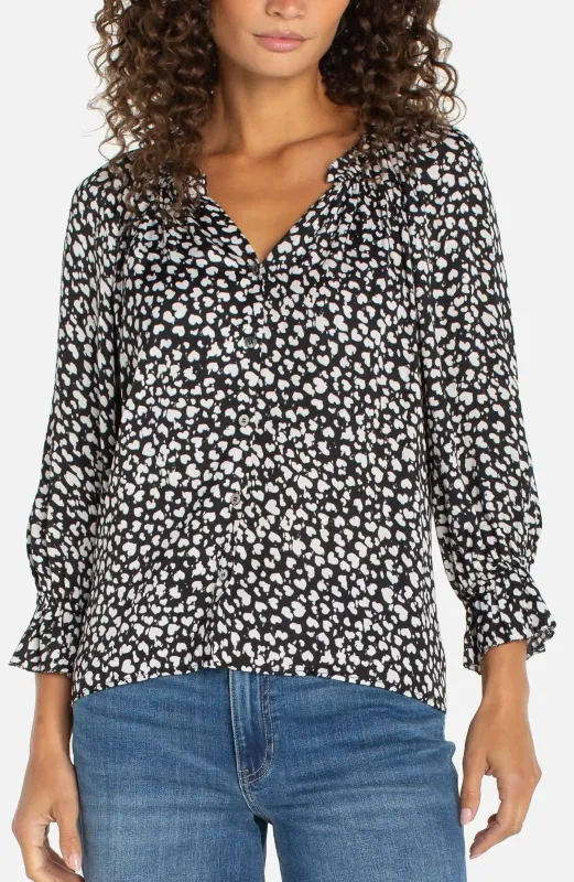 PETITE 3/4 SLEEVE BUTTON FRONT TOP W/ RUFFLE DETAILS sold by Liverpool Jeans Company