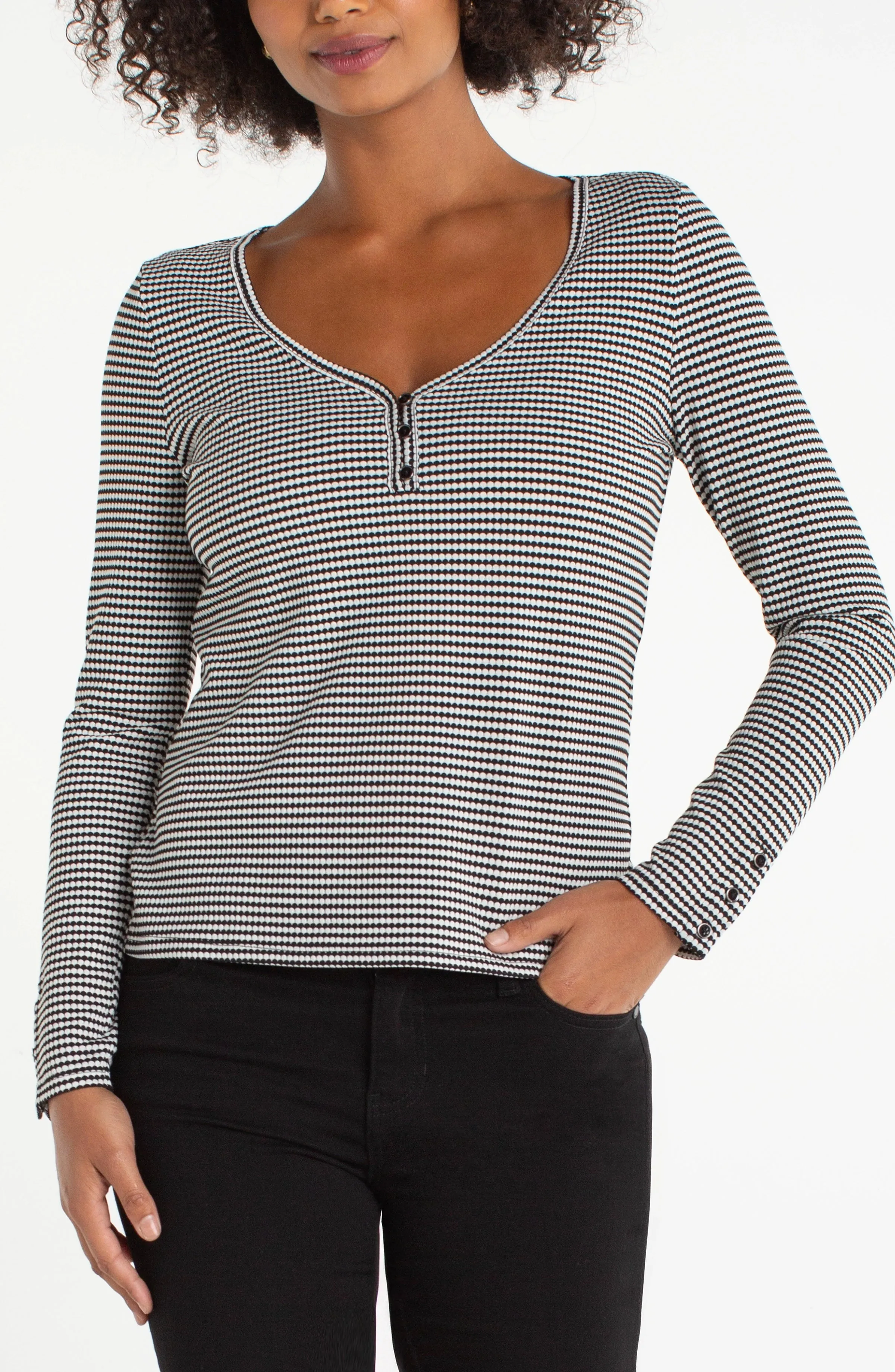 HENLEY KNIT TOP WITH BUTTON SLEEVE sold by Liverpool Jeans Company