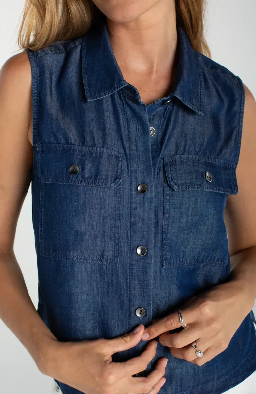 SLEEVELESS BUTTON FRONT TOP W/ POCKETS made by Liverpool Jeans Company