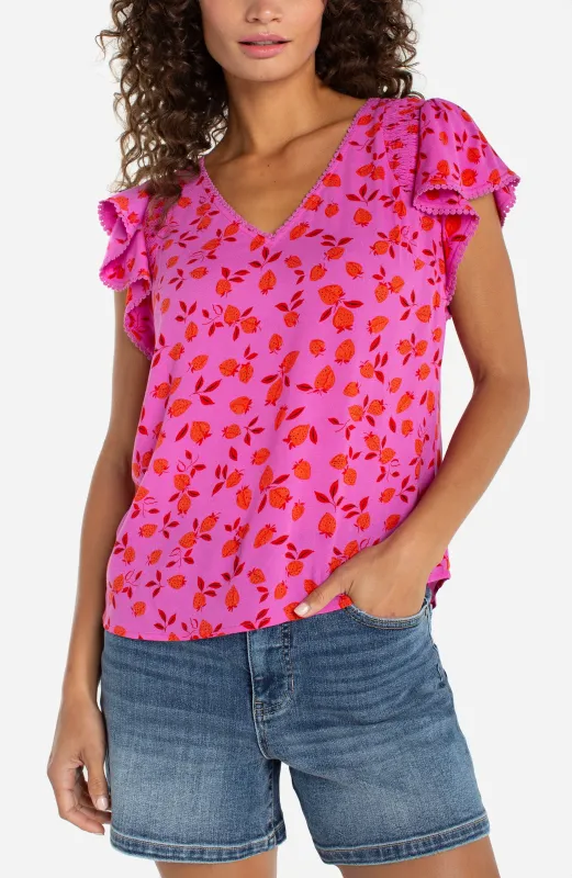 FLUTTER SLEEVE V-NECK WOVEN TOP made by Liverpool Jeans Company