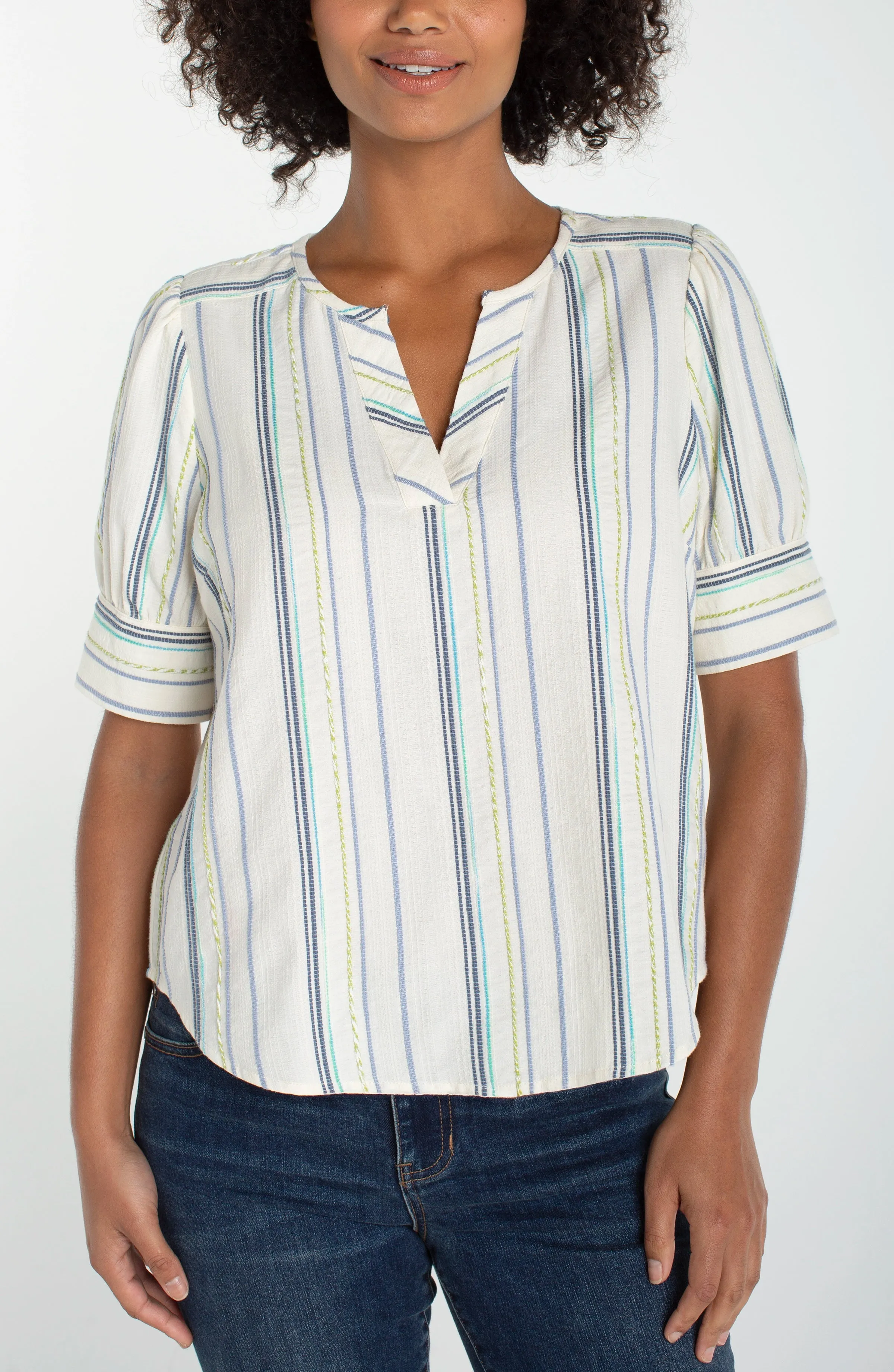 SHORT SLEEVE POPOVER WOVEN TOP sold by Liverpool Jeans Company