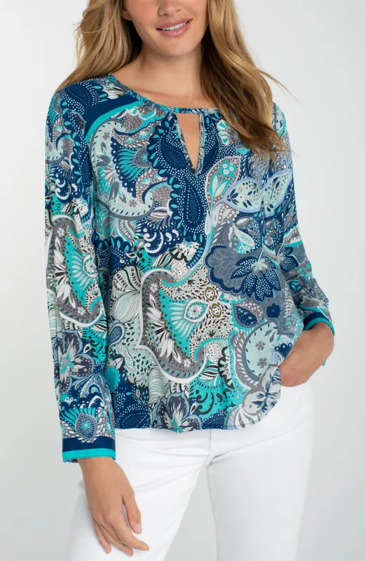 PETITE LONG SLEEVE WOVEN TOP WITH KEYHOLE made by Liverpool Jeans Company