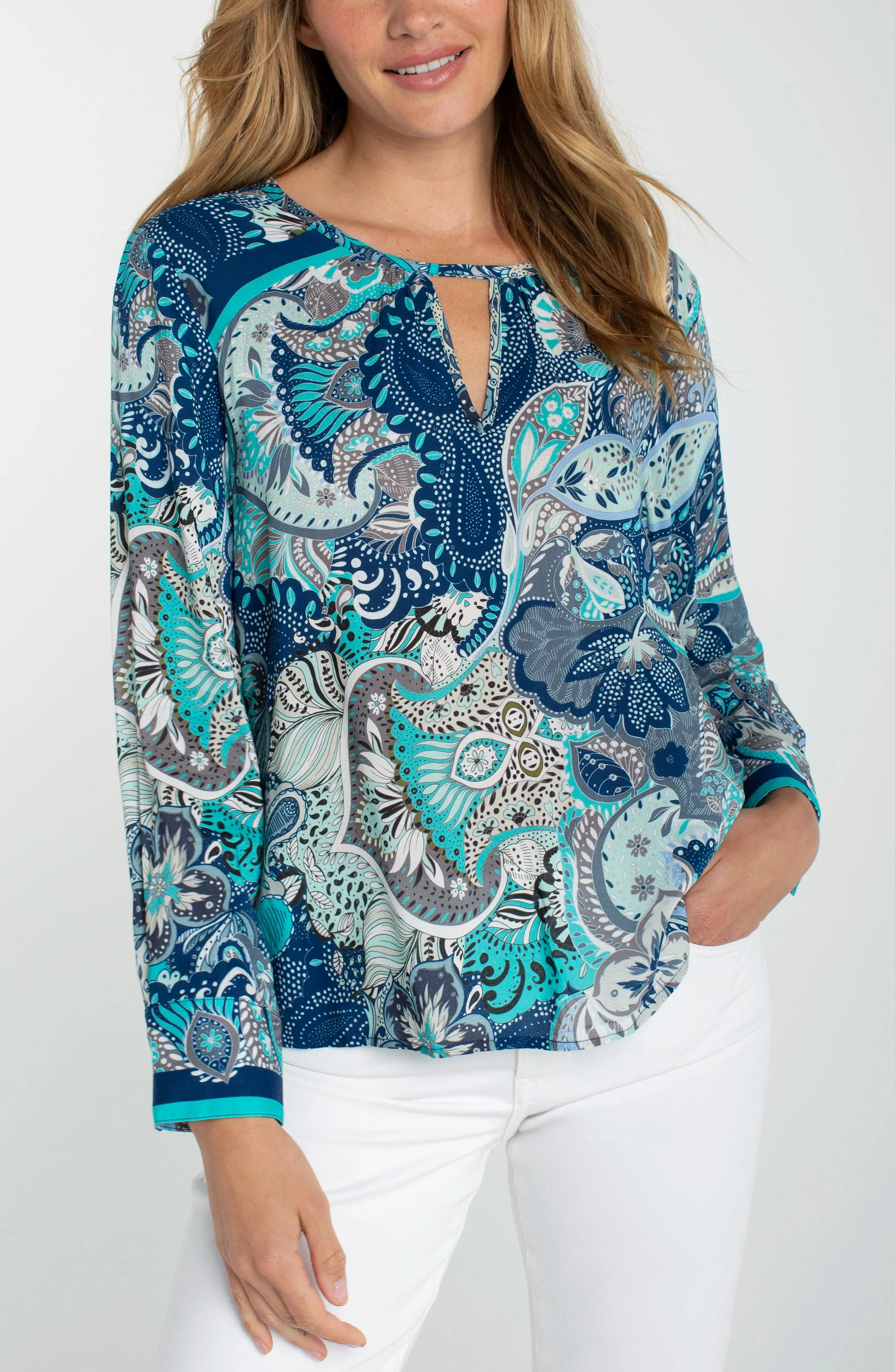 PETITE LONG SLEEVE WOVEN TOP WITH KEYHOLE sold by Liverpool Jeans Company