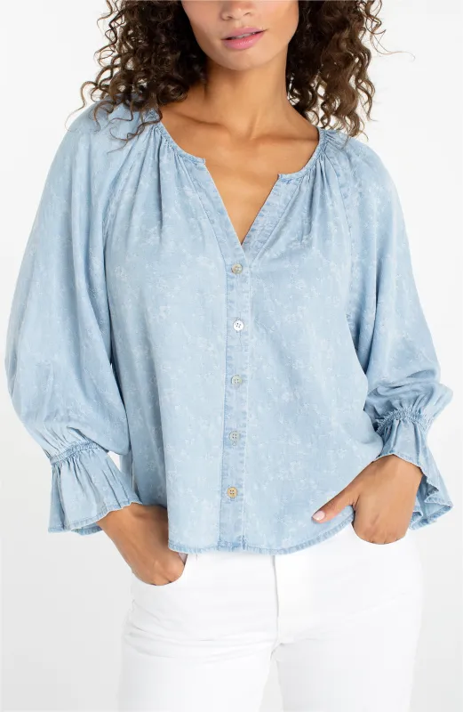 3/4 SLEEVE BUTTON FRONT WOVEN TOP made by Liverpool Jeans Company